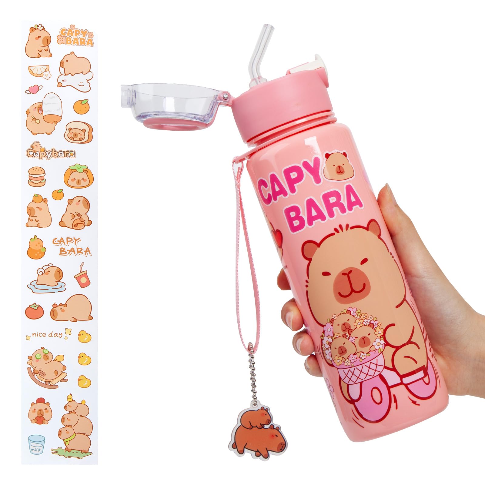 GMKD Capybara Water Bottle, Kawaii Water Bottle with Straw, Cute Capybara Water Bottles with Sticker, Portable Leakproof BPA-Fre