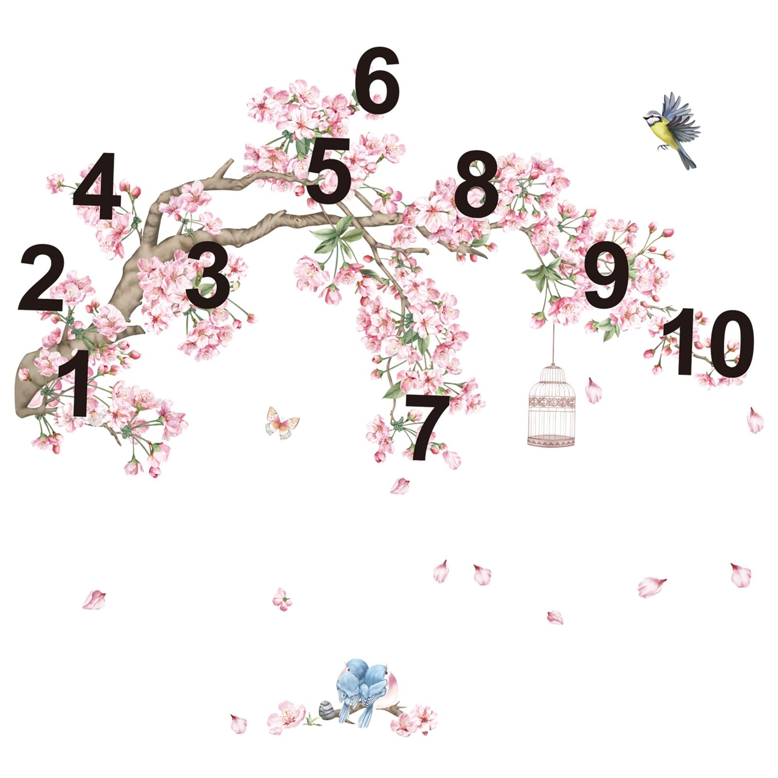 Decalmile Cherry Blossom Tree Branch Wall Decals Pink Flower Birds Wall Stickers Bedroom Living Room Sofa Tv Background Wall Dec