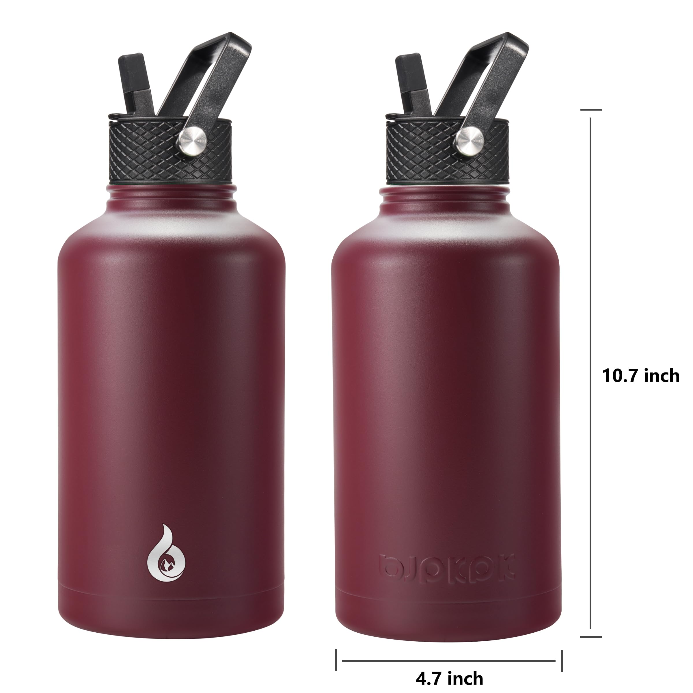 Bjpkpk Half Gallon Insulated Water Bottles With Straw Lid, 64Oz Large, Stainless Steel With 3 Lids And Paracord Handle For Hot &