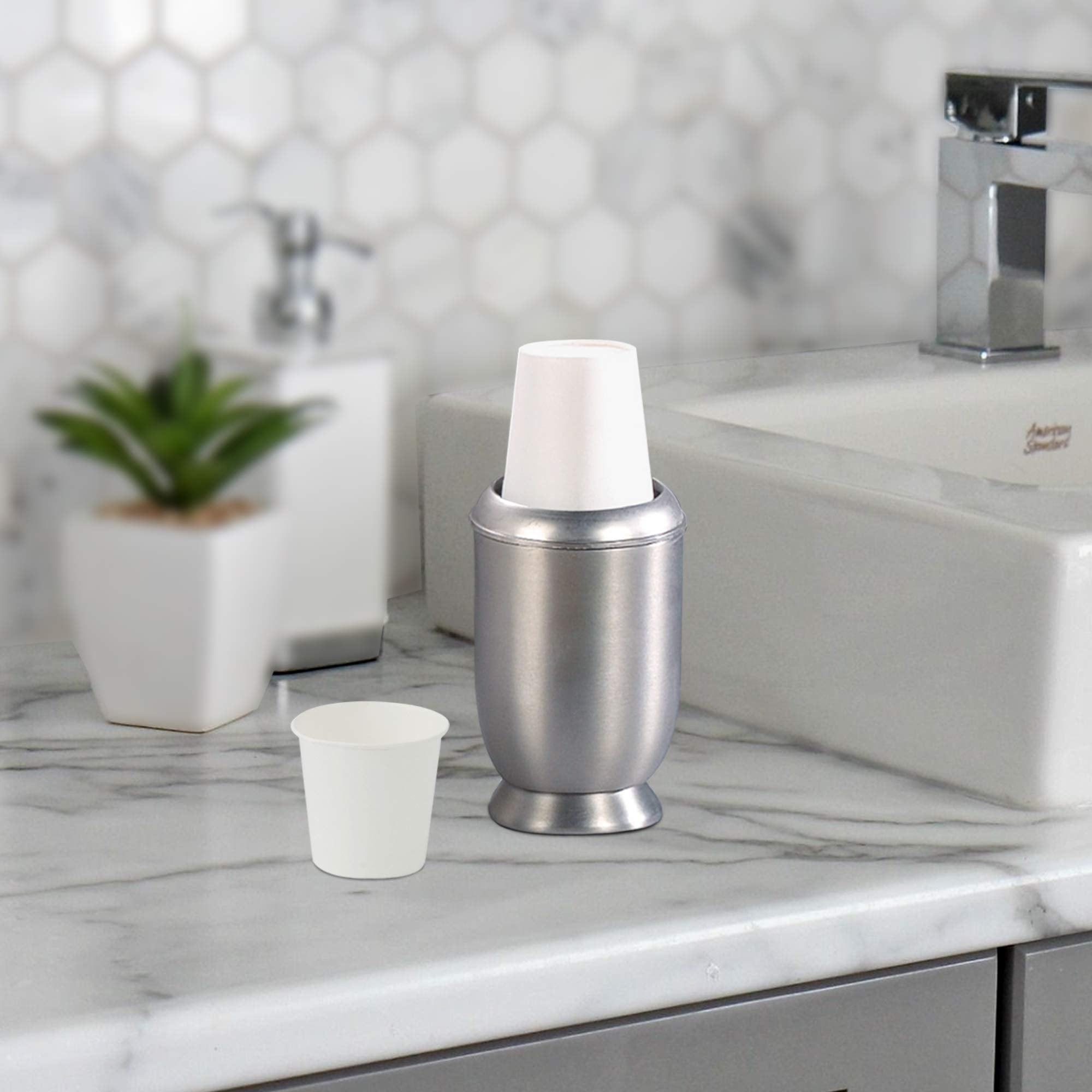 nu steel nusteel Rosemont Dixie Modern Sleek Metal Compact Small Disposable Paper Cup Dispenser Storage Holder for Rinsing for Bathroom Vanity Countertops  fits 3 oz. Paper Cups  Brushed Finish