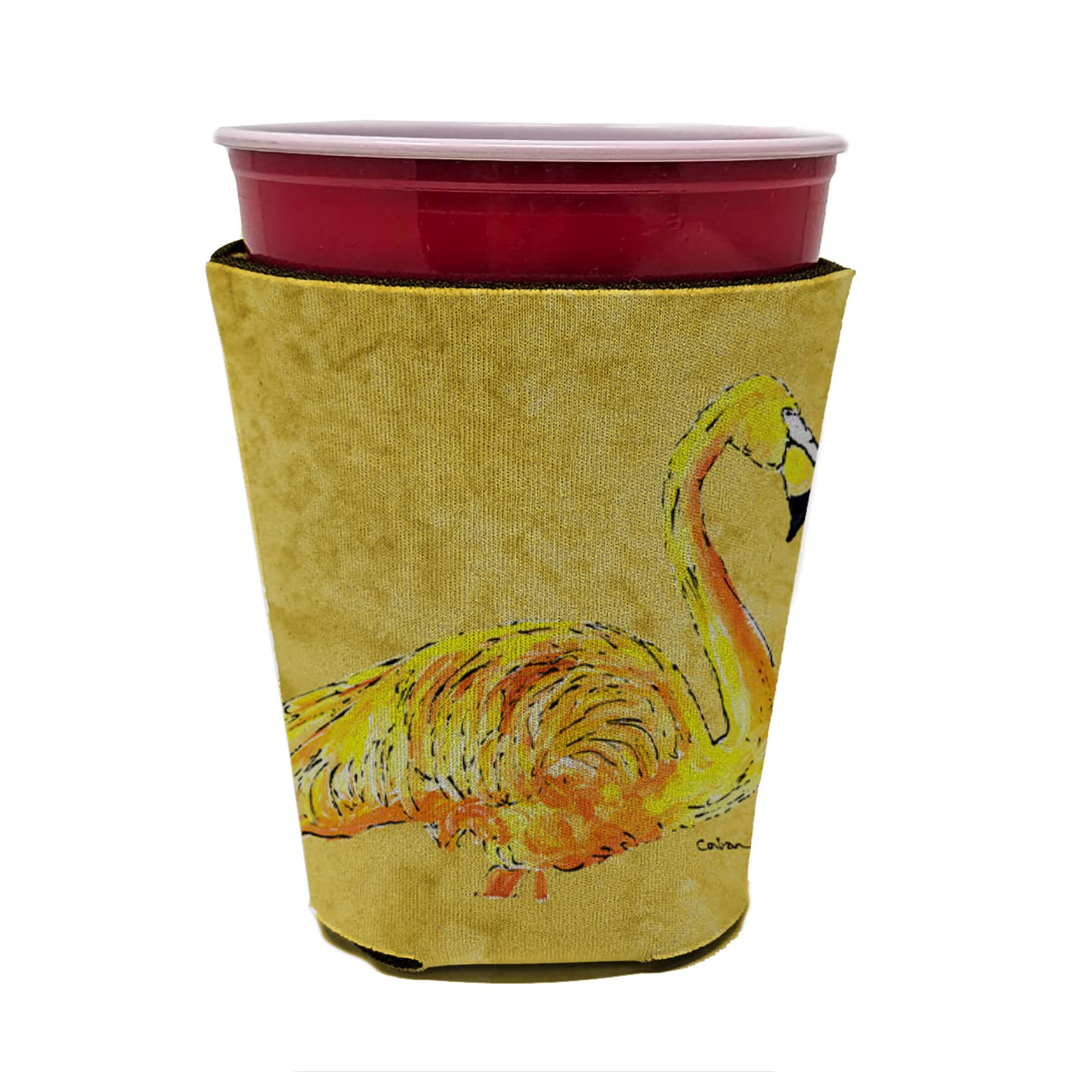 Caroline'S Treasures 8872Rsc Flamingo On Yellow Red Cup Hugger Cup Cooler Sleeve Hugger Machine Washable Drink Sleeve Hugger Col