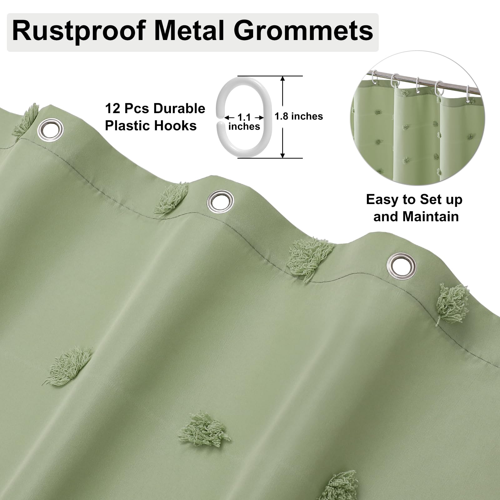 Lilycat Boho Farmhouse Sage Green Fabric Shower Curtain, 72X72 Tufted Pleat Floral Puffs Textured Tassel Cute Rustic Shower Curt