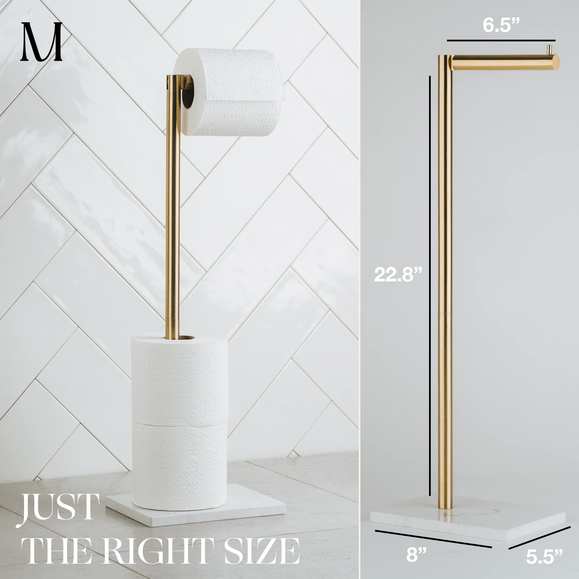 Marmolux Acc Free Standing Gold Toilet Paper Holder Stand White Marble Base And Storage | 4 Jumbo Roll Bathroom Hardware Toilet
