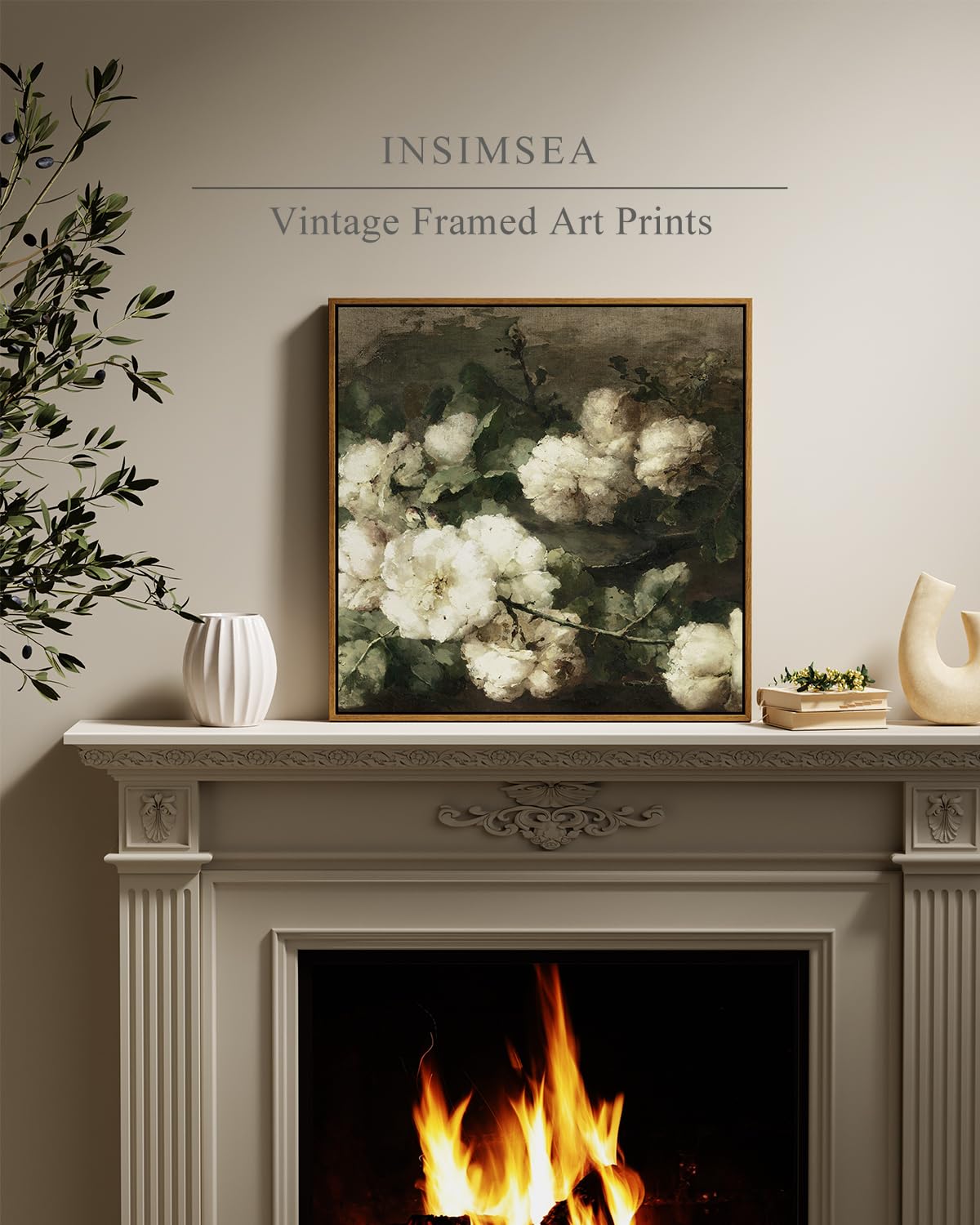 Insimsea Square Framed Canvas Wall Art, Vintage Floral Rustic Roses Flower Wall Art Prints For Living Room, Flowers Pictures For