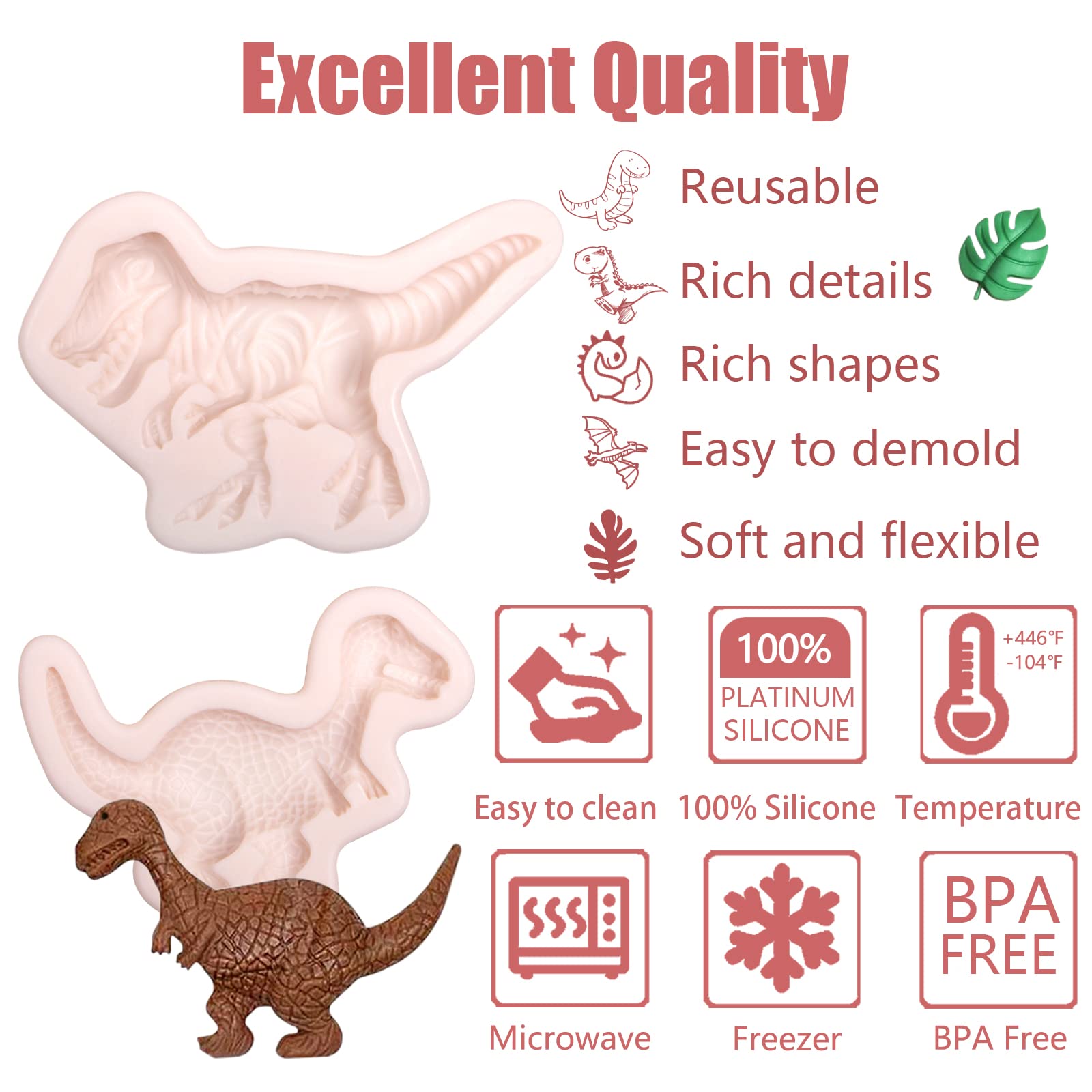 Dinosaur Silicone Fondant Molds 4 Pcs, Tropical Leaves Monstera Leafage Chocolate Mold Forcake Decoration Candy Cupcake Topper C