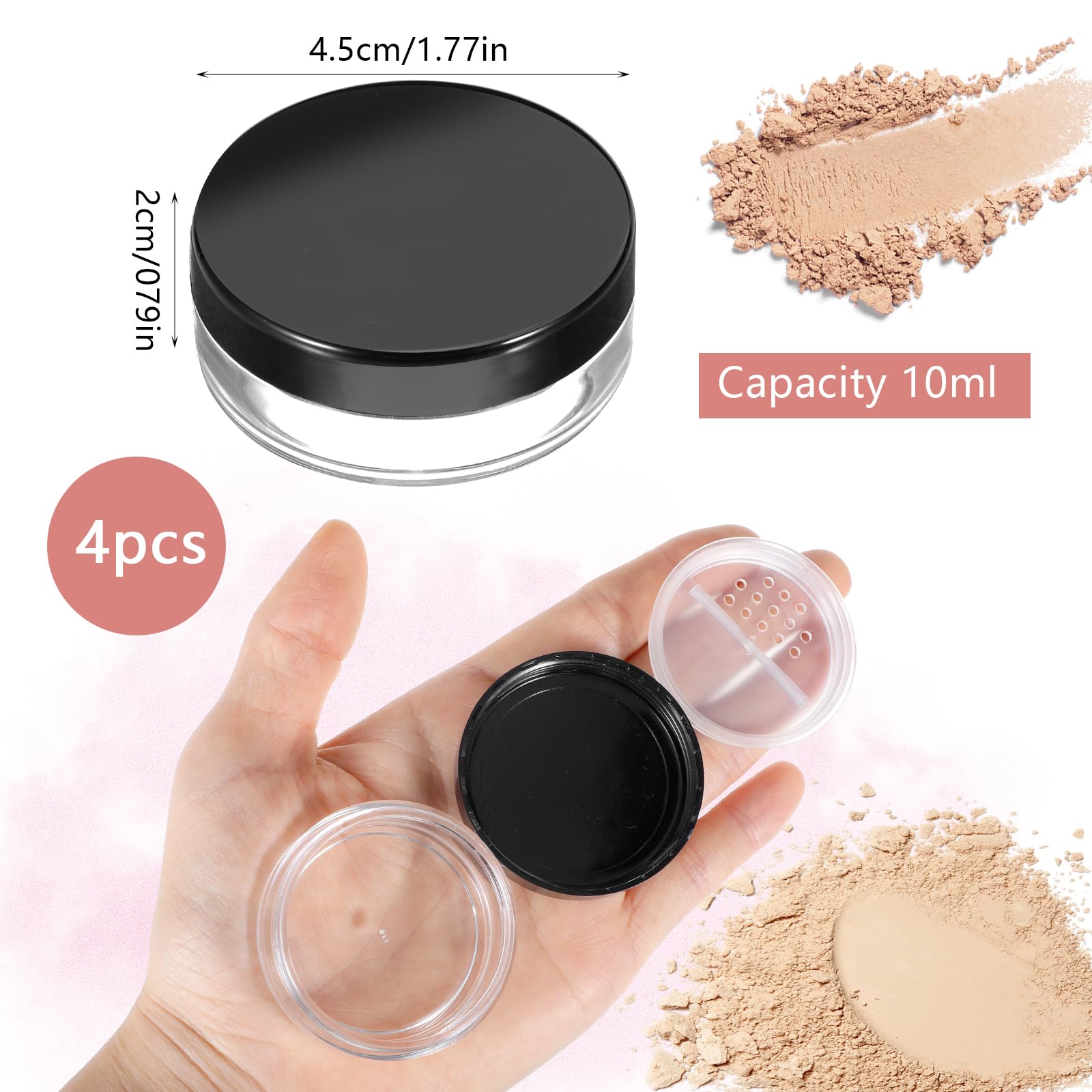 4Pcs 10Ml/0.34Oz Plastic Empty Travel Small Loose Powder Compact Refillable Loose Powder Containers Reusable No Leak Loose Powde