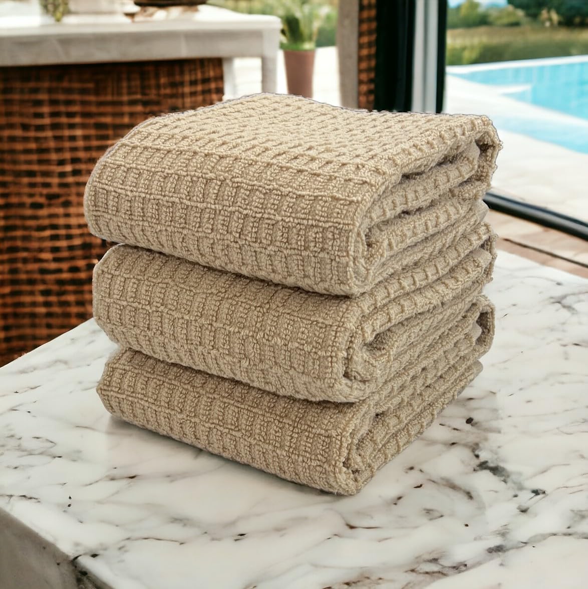 Tan Beige Kitchen Dish Hand Towels 100% Cotton Waffle Cloth Soft Cleaning Drying Absorbent Terry Box Loop: Set Of 3 Multipurpose