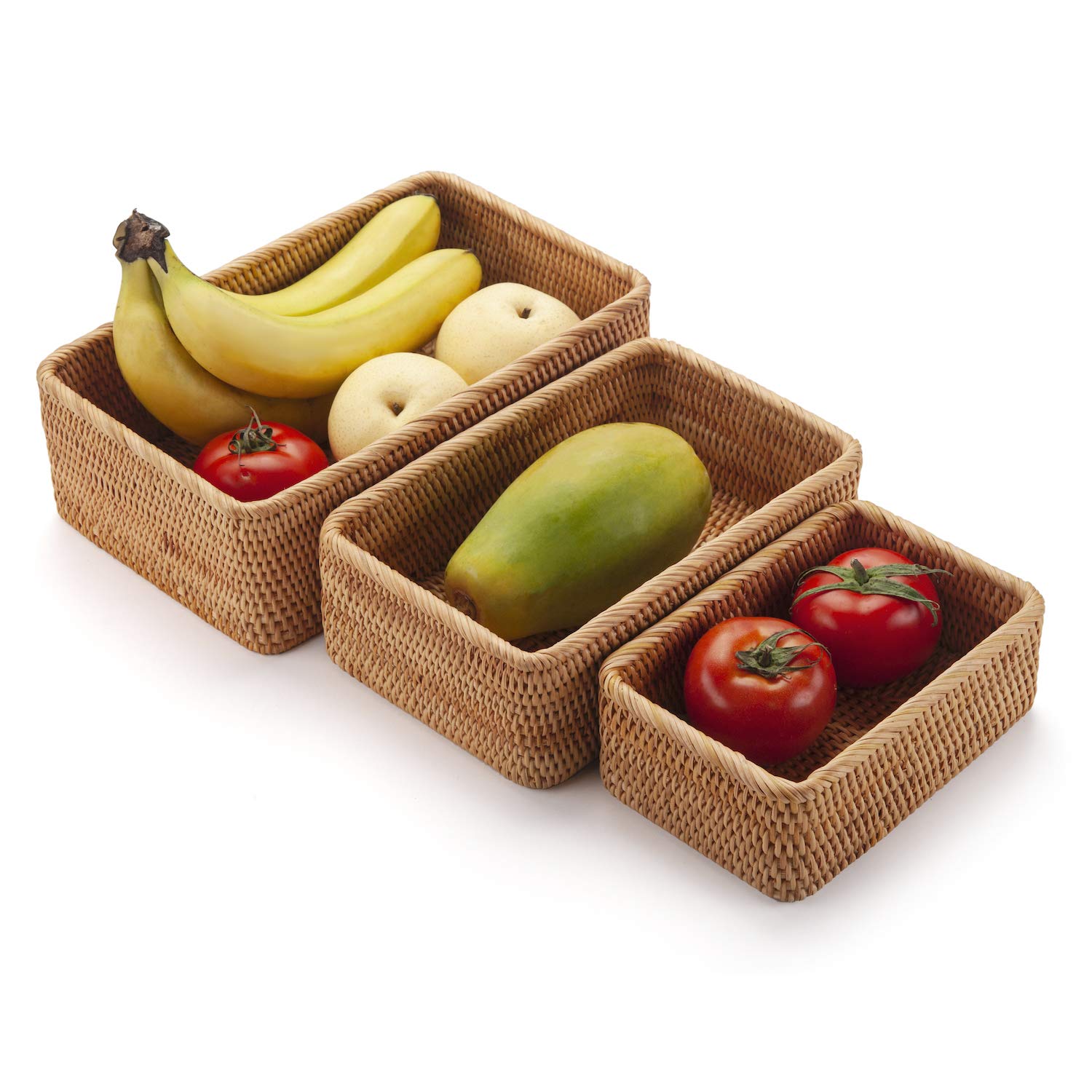 Natural Rattan Fruit Storage Baskets Rectangular Woven Wicker Box for Key Holder Remote Stackable Natural Set of 3