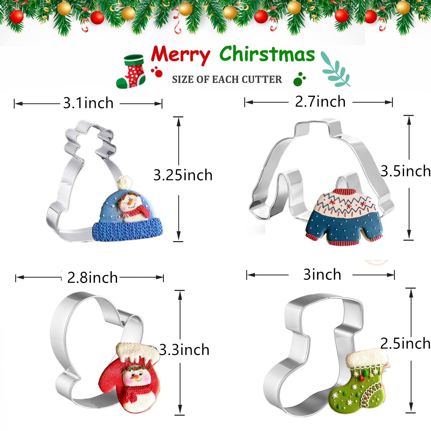 Q-Baker Christmas Cookie Cutters 4Pcs Winter Holiday Cookie Cutter Set Stainless Steel With Winter Hat, Ugly Sweater, Mitten,Sto