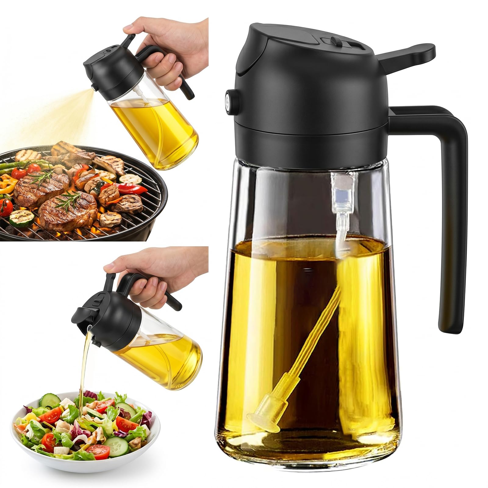JACCOOTHALIA 16oz/470ml Oil Sprayer for Cooking, 2 in 1 Oil Dispenser for Kitchen, Olive Oil Sprayer, Food Grade Glass Bottle fo