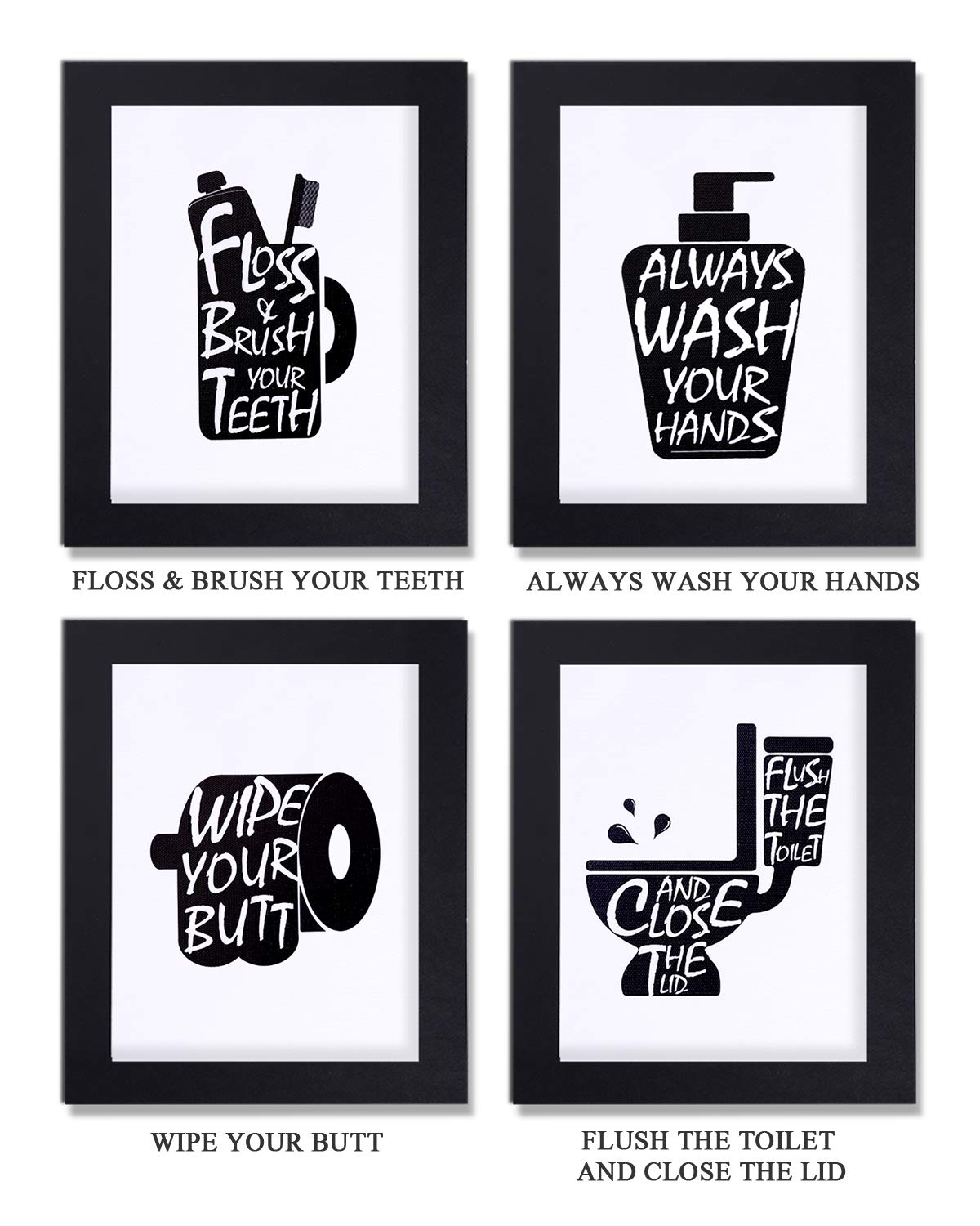 Bathroom Decor Wall Art Prints With Paper Frames;Funny Bathroom Wall Signs Wash Brush Floss Flush Black And White Bathroom Canva