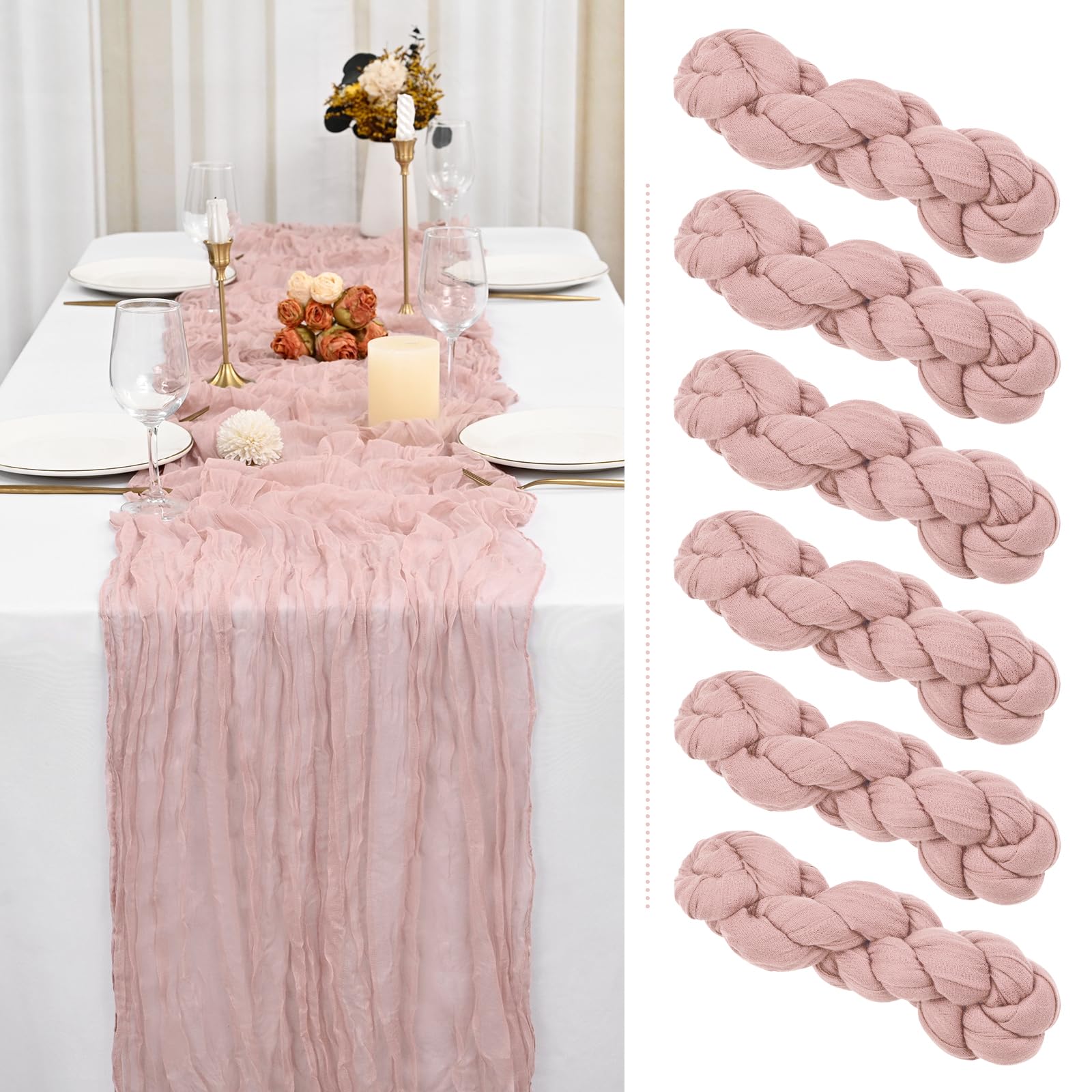 6 Pack Dusty Pink Cheesecloth Table Runner Gauze Table Runner 10Ft Long Semi-Sheer Table Runner Boho Or Rustic Wedding Table Dec