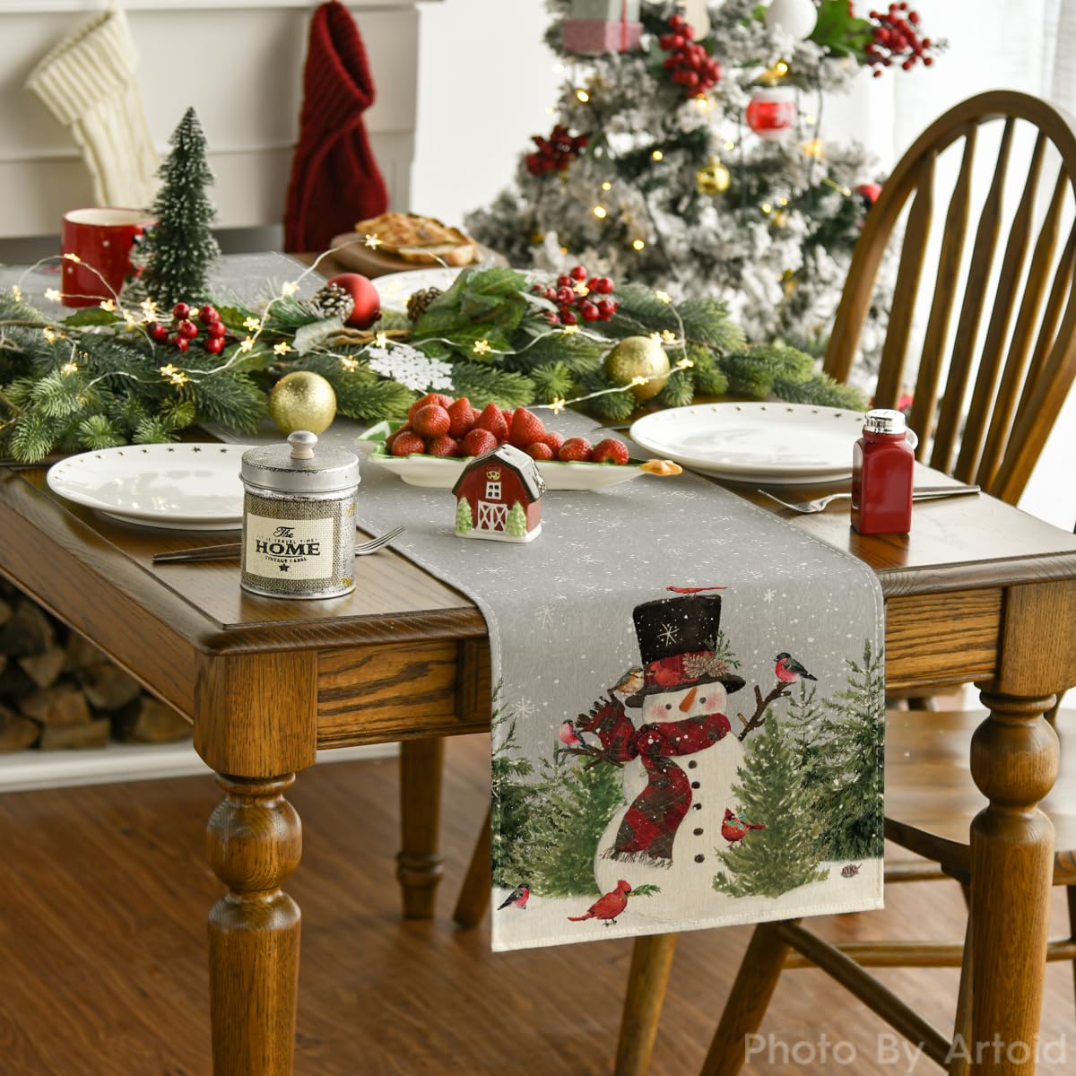 Artoid Mode Snowman Birds Trees Christmas Table Runner, Seasonal Silver Winter Holiday Kitchen Dining Table Decoration For Home