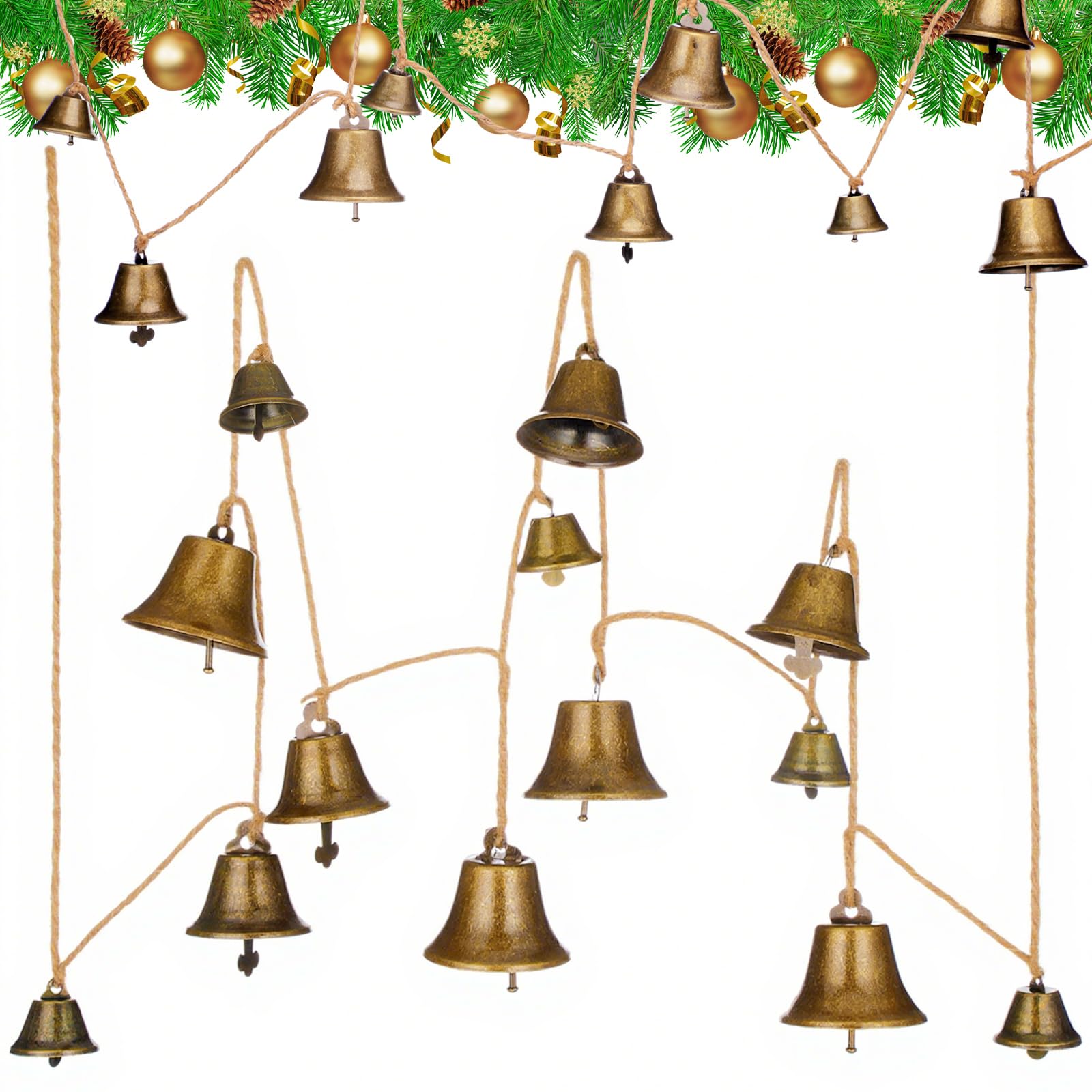 Zonon 5.91 ft Christmas Bronze Jingle Bells Hanging String Vintage Jingle Bell Decorative Craft Bell Garland on String Metal Gol