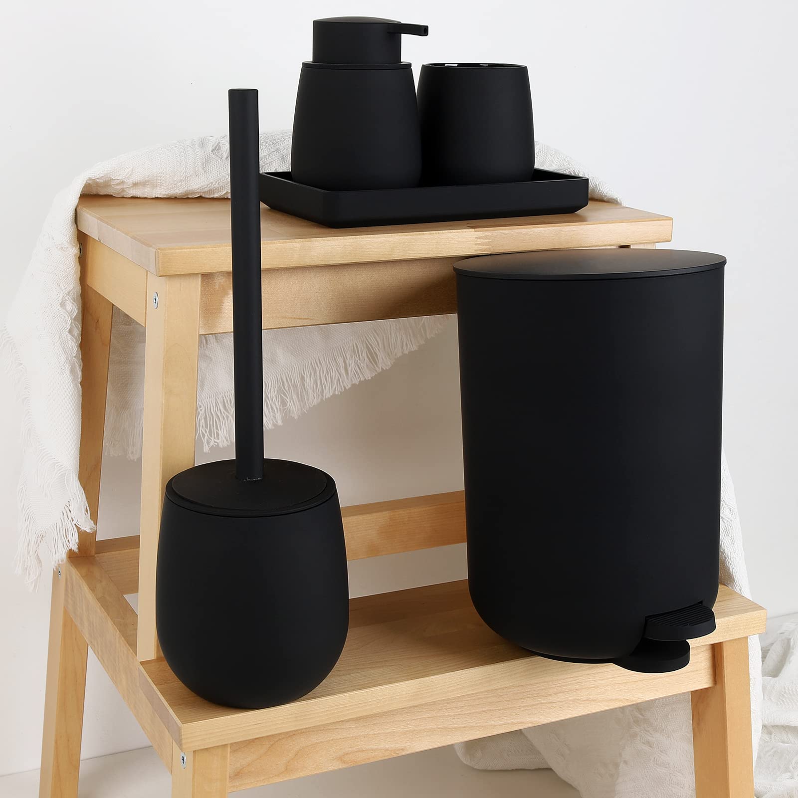 Gahefy Black Bathroom Accessories Set With Small Trash Can 3 Liter/0.8 Gallon,Toothbrush Holder,Soap Dispenser,Vanity Tray,Toile