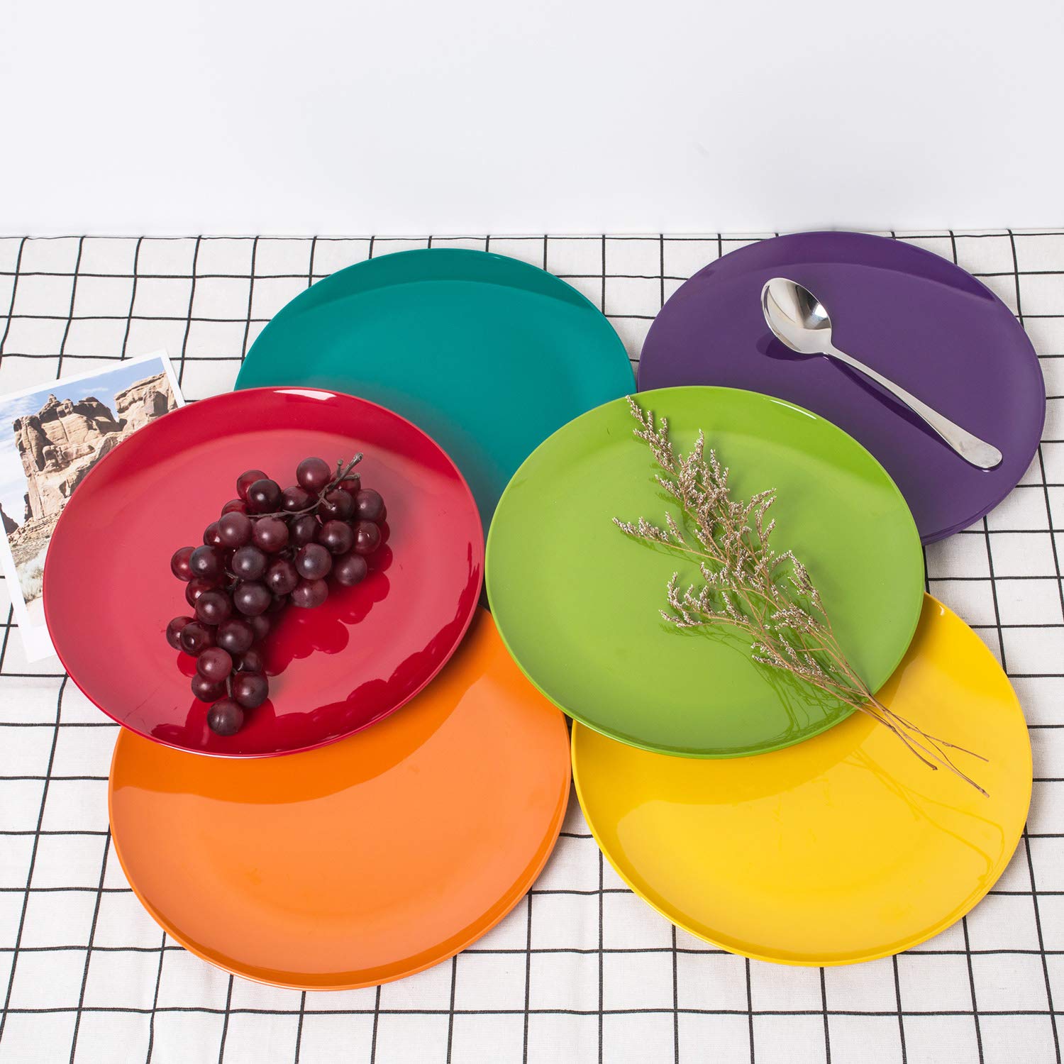 KOXIN-KARLU Melamine Dinner Plates Set of 6, 10.5-inch, Multicolor, BPA Free, Dishwasher Safe, Model JJM05