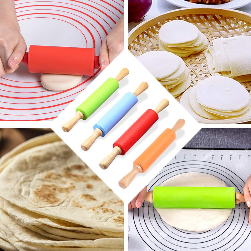 1 Piece Small Silicone Rolling Pin Nonstick Silicone Roller Pin Wooden Handle Pizza Roller Tortilla Dough Roller For Baking Home