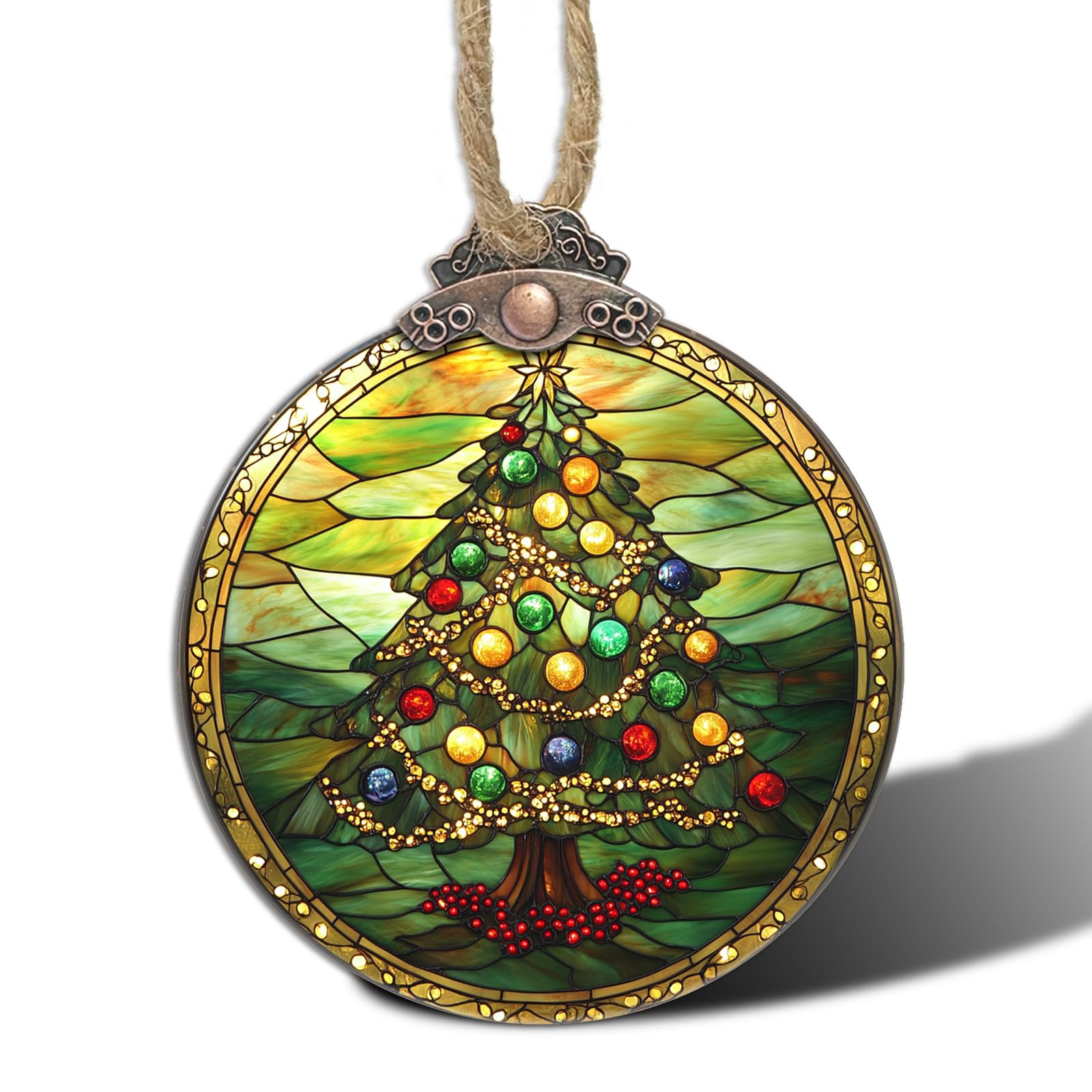 DASTOLL Stained Glass Christmas Decorations, Green Suncatcher for Window Christmas Tree Ribbon Ball Hanging Ornaments Sun Catche