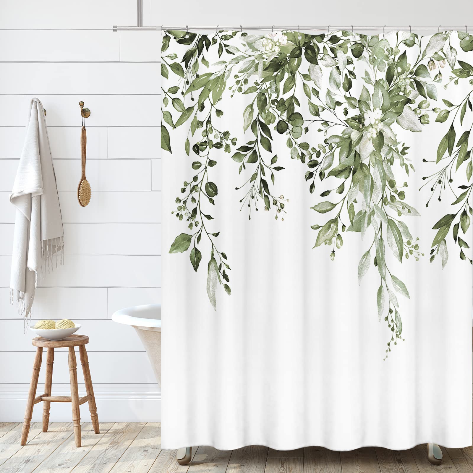 Tititex Olive Green Eucalyptus Shower Curtain Sets, Watercolor Leaves On The Top Plant With Floral Bathroom Decoration 72X78 Inc