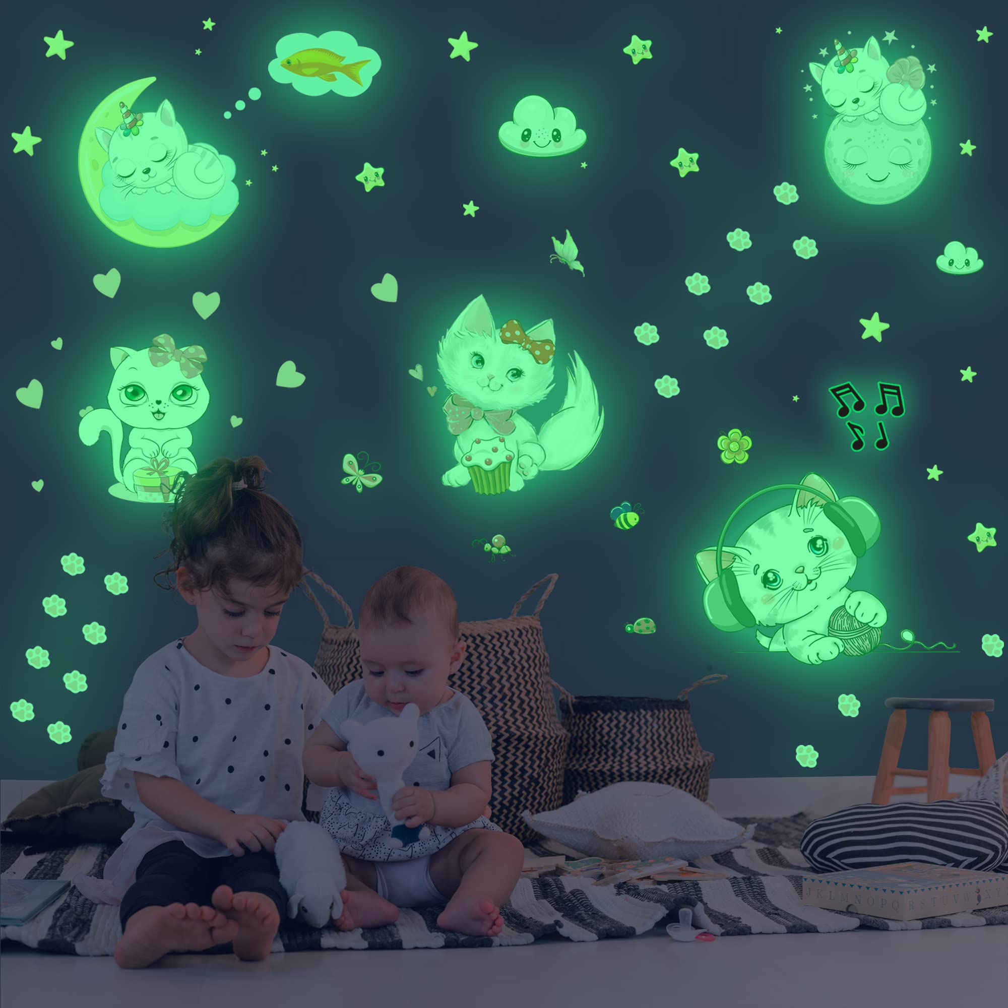 Glow In The Dark Stars For Room,Cats Glowing Wall/Ceiling Decals, Kitten Butterflies Stickers For Kids Bedroom, Clouds Bees Lumi