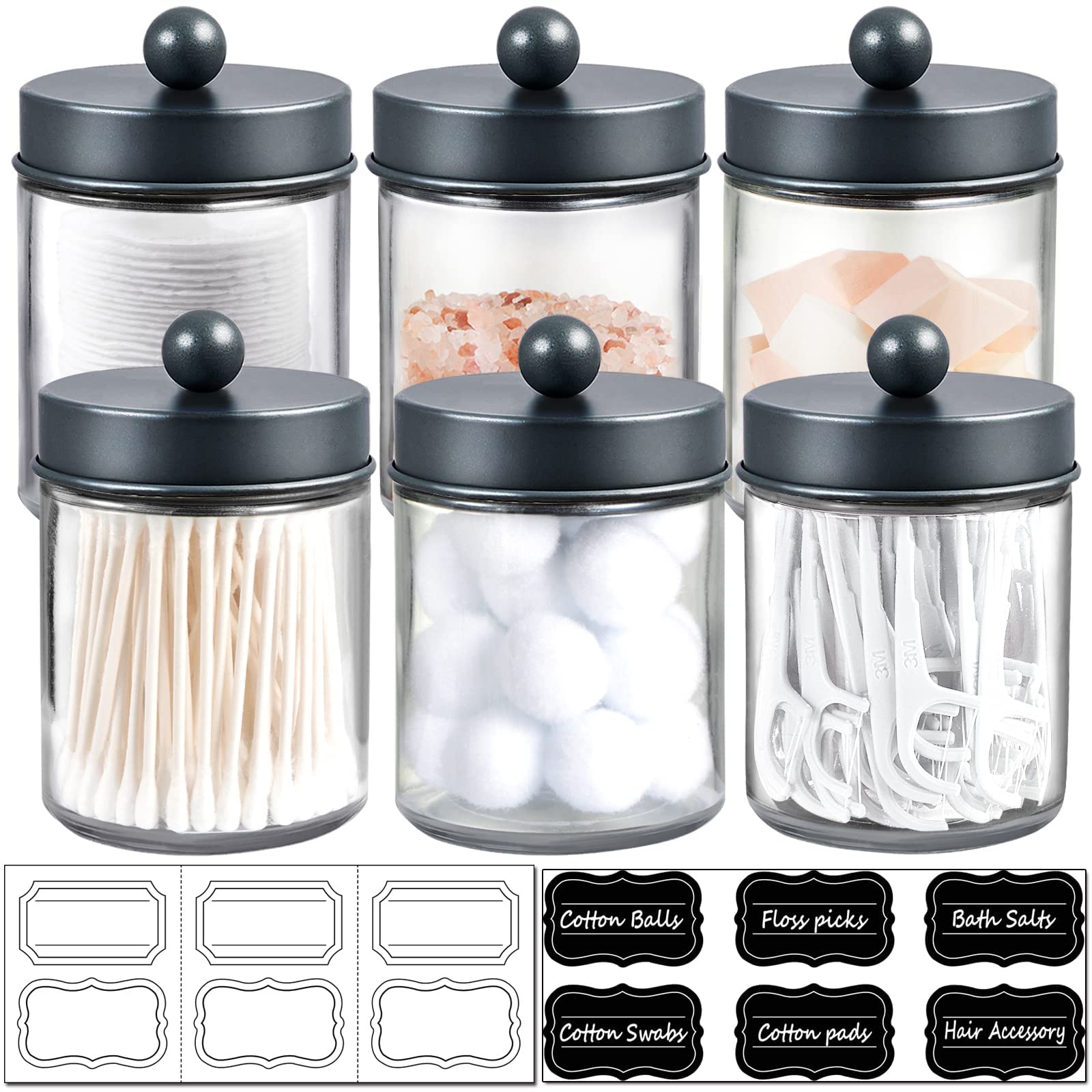 6 Pack Apothecary Jars Bathroom Vanity Organizer- Rustic Farmhouse Decor Storage Canister With Stainless Steel Lids- Qtip Dispen