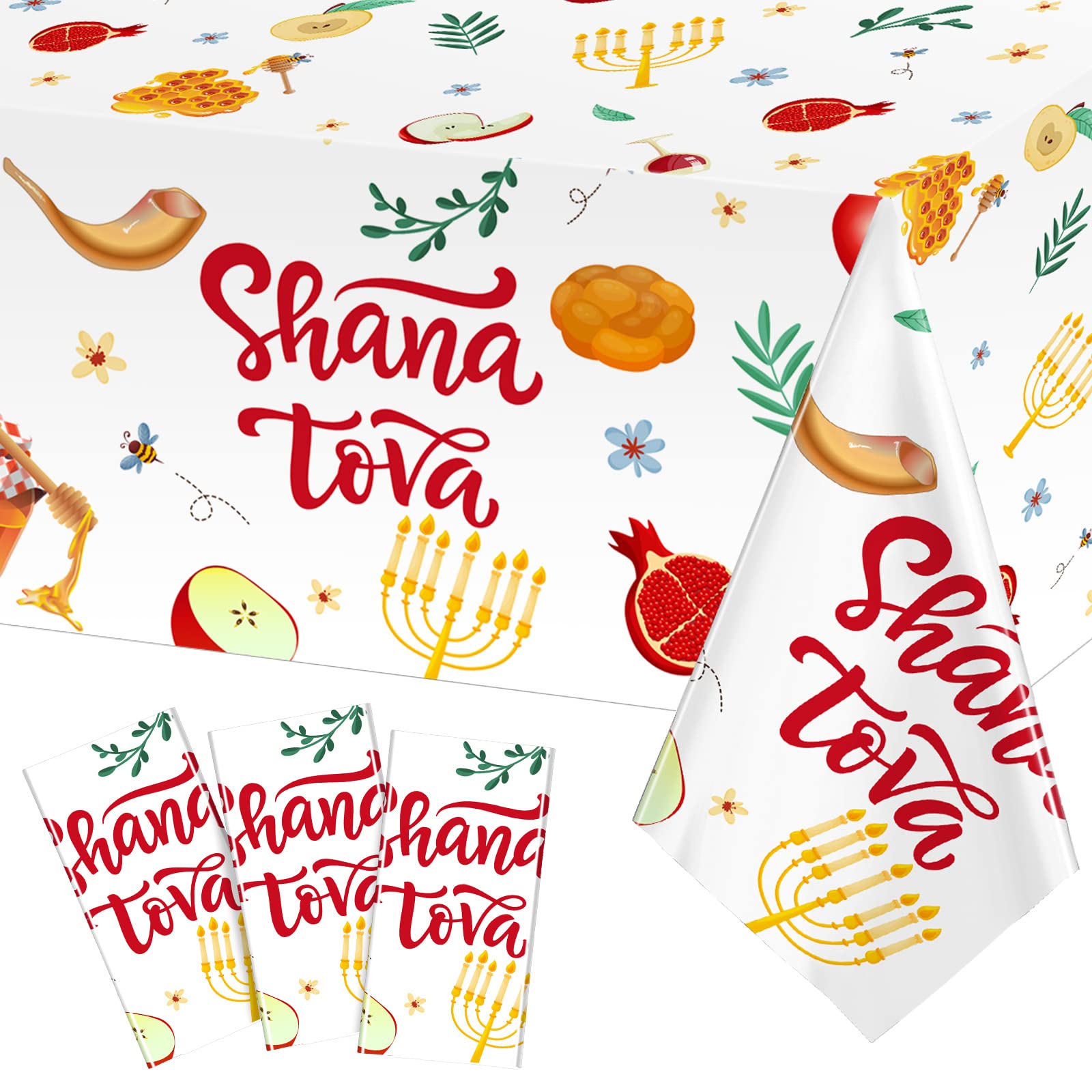 Tiamon 3 Packs Rosh Hashanah Tablecloth Waterproof Rectangular Plastic Table Cover Shana Tova High Holy Day Table Decorations Je