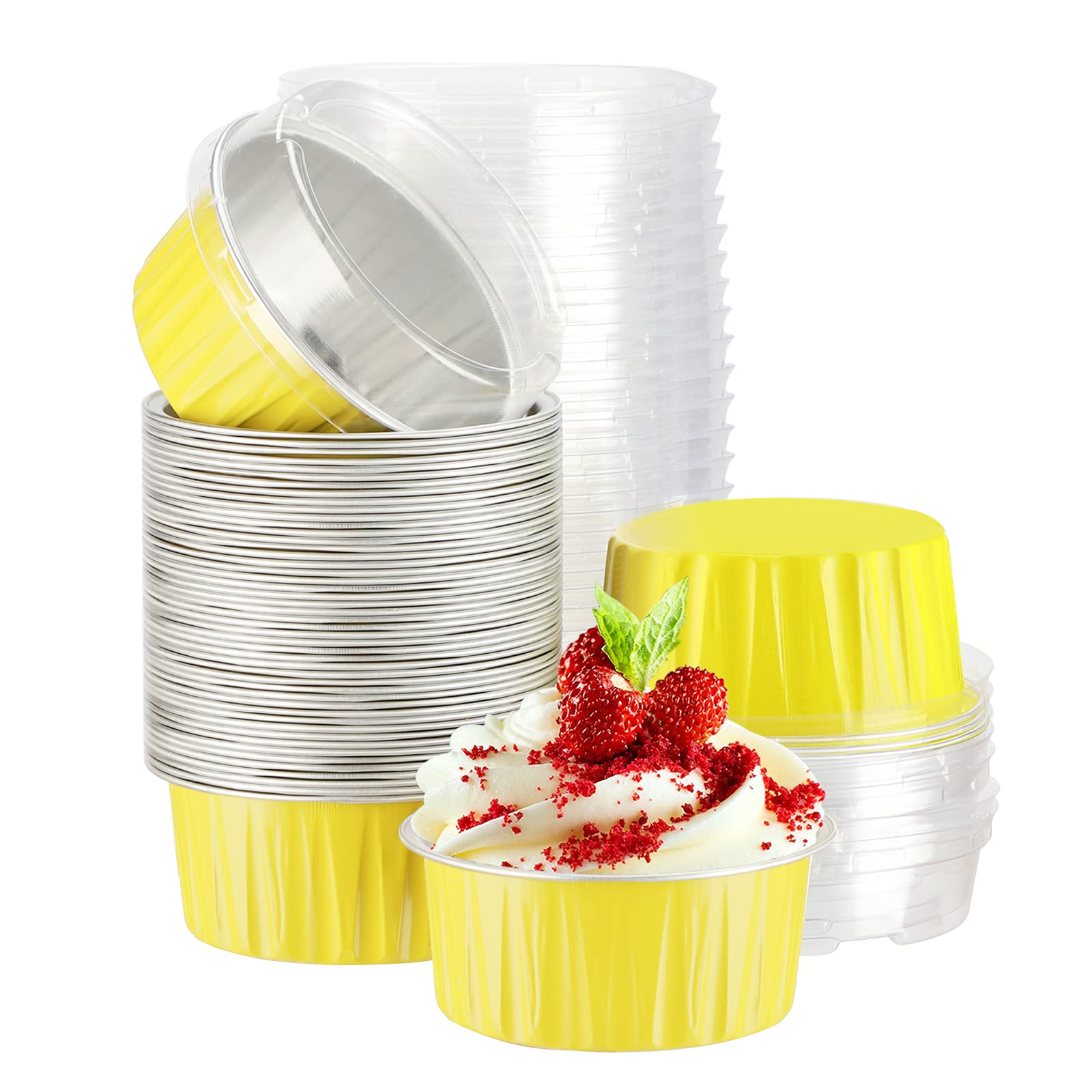 EUSOAR Aluminum Ramekins with Lids, 50pcs 5oz Aluminum Foil Baking Cups, Disposable Foil Ramekins Muffin Liners, Aluminum Foil D