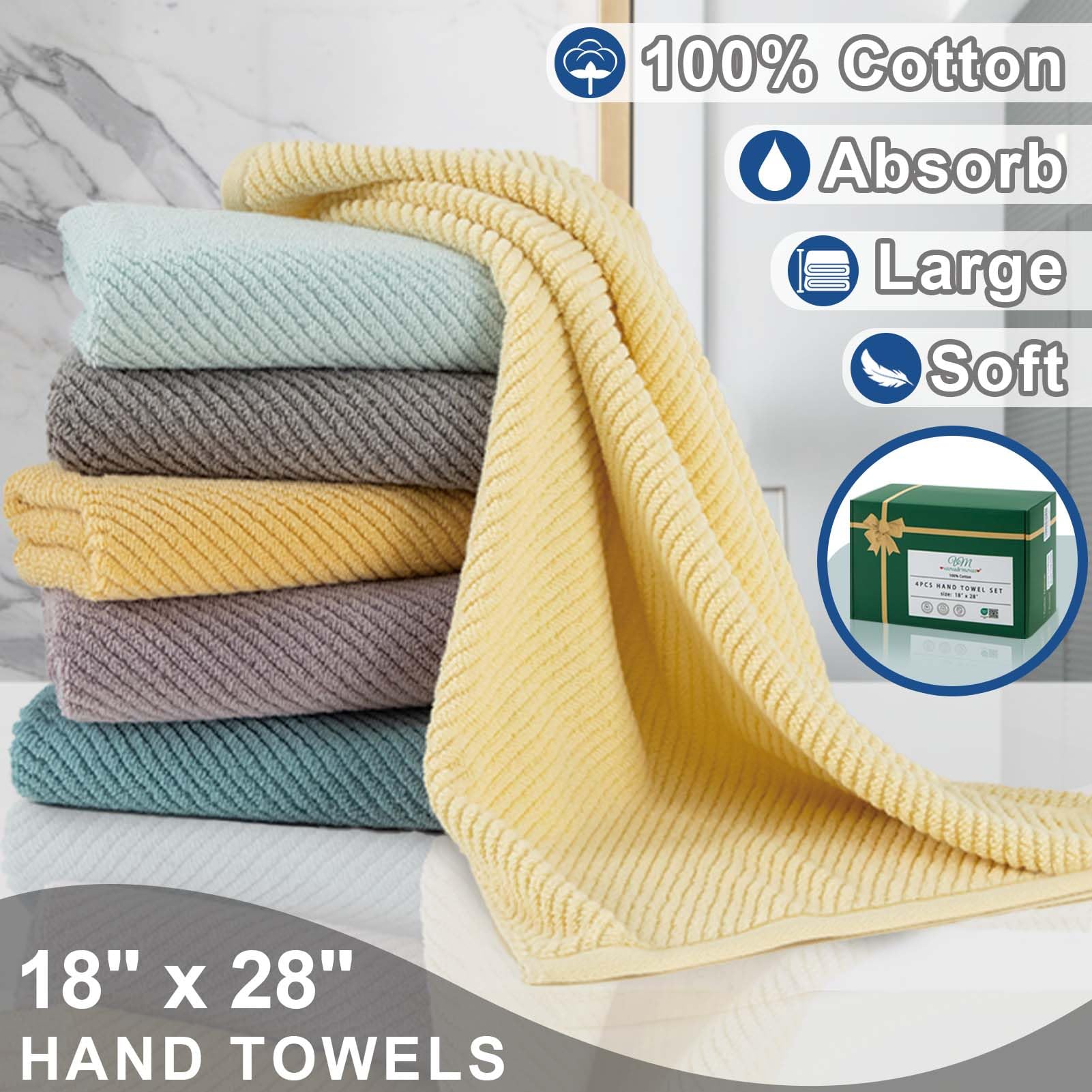 Voova & Movas Blue Hand Towels For Bathroom, 4 Pack Large 18'' X 28'' - 100% Cotton | Quick Dry | Thick | Soft | Lightweight, Ba