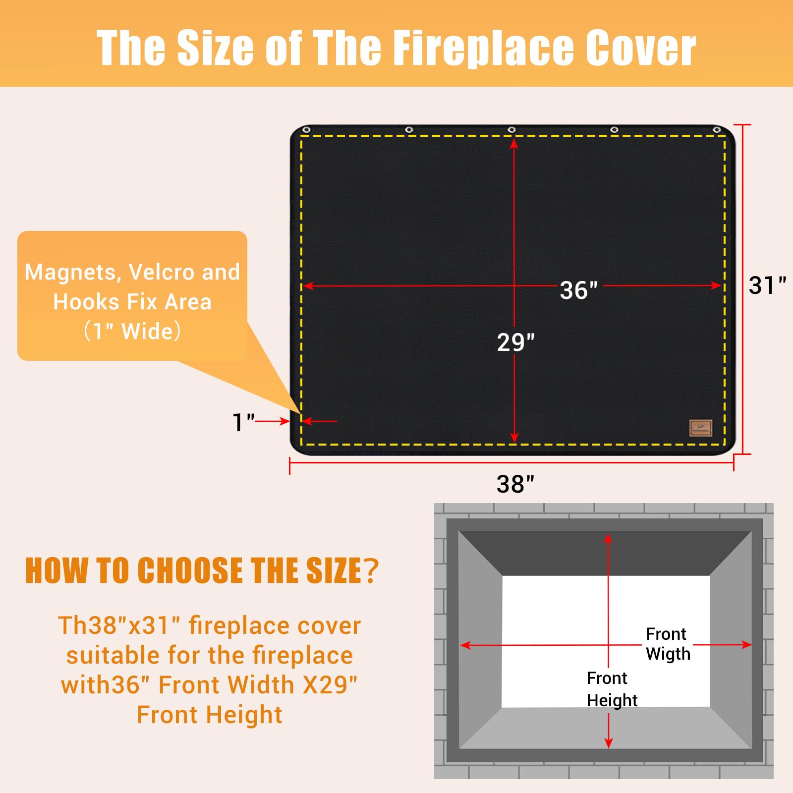 Protalwell Magnet Fireplace Cover - Fireproof Draft Blocker, 38"x31", Black, Model ER001