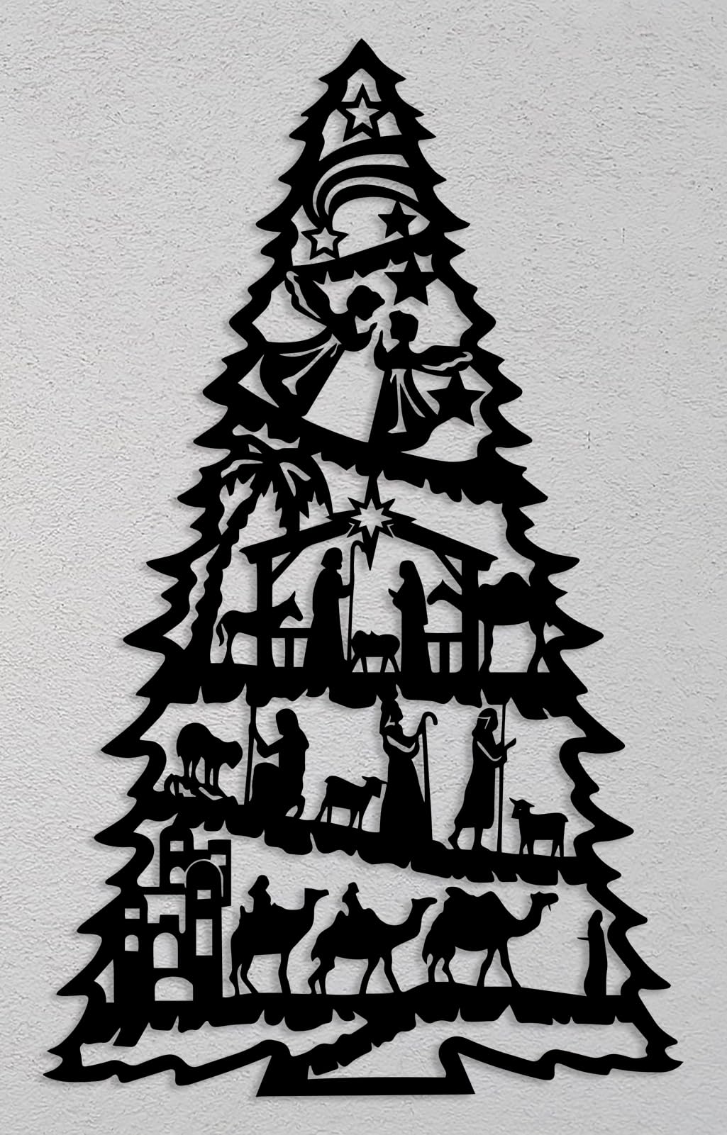 Christmas Nativity Scene Metal Wall Art Vintage Jesus Nativity Set Christmas Tree Wall Decoration for Home Xmas Signs Black 8.7i