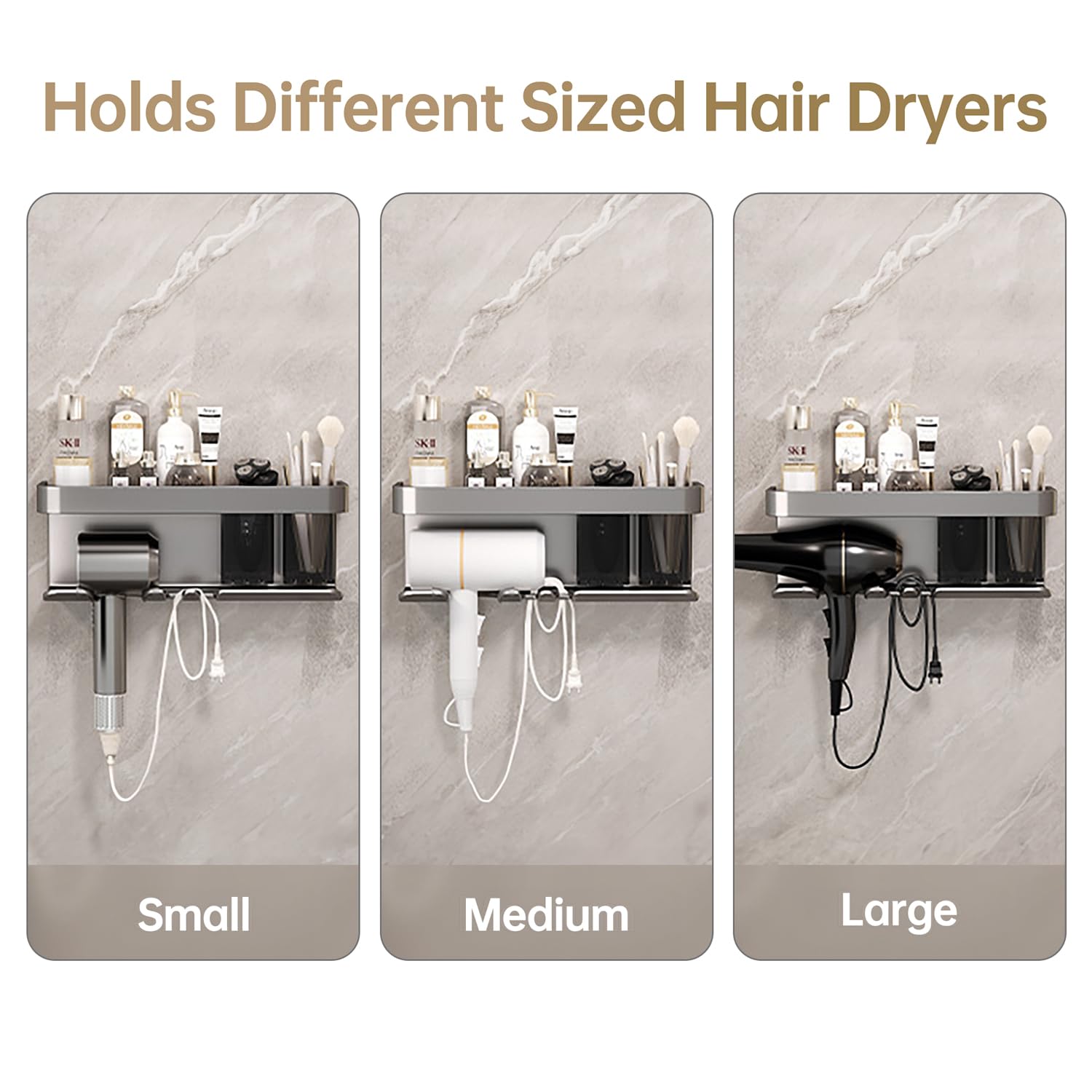 Boomersun Hair Dryer Holder, Blow Dryer Organizer, Hair Dryer Holder Wall Mounted With Shelf For Bathroom, Salon, Bedroom Organi