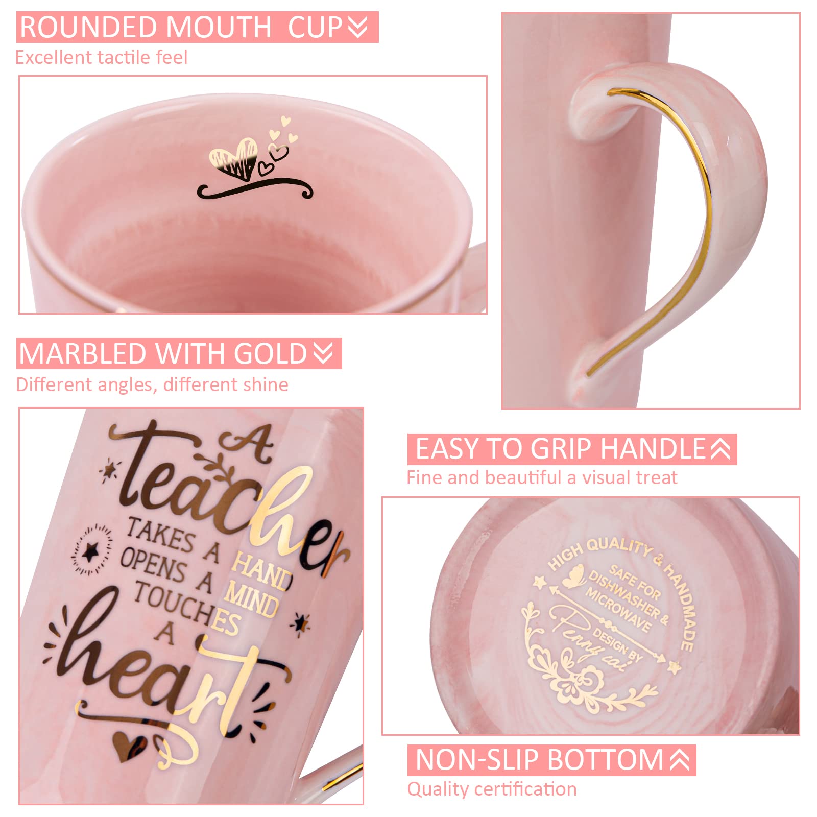 Unique Teacher Appreciation Gifts for Women - Best Teachers Christmas Mug for Teachers from Student, 14Oz Pink Marble Ceramic Go