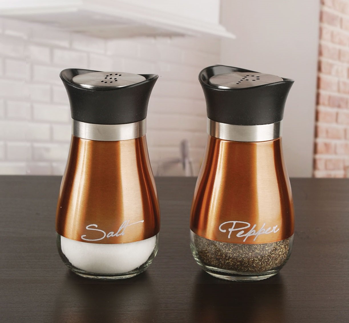 Circleware Cafe Contempo Elegant Glass Salt and Pepper Shakers Dispenser  Clear Bottom Jar Bottle Container with Stainless Steel Top  Perfect for Himalayan Seasoning Herbs Spices  4.4 oz  Copper