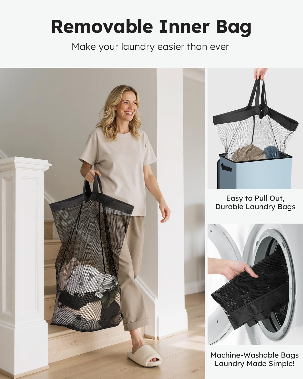 SOLEDI Laundry Hamper with Lid 100L Large & Tall Collapsible Laundry Basket  Clothes Hamper with Bag Removable Easy to Carry  Dirty Hampers for Bedroom  Bathroom  Dorm  College  Blue Grey