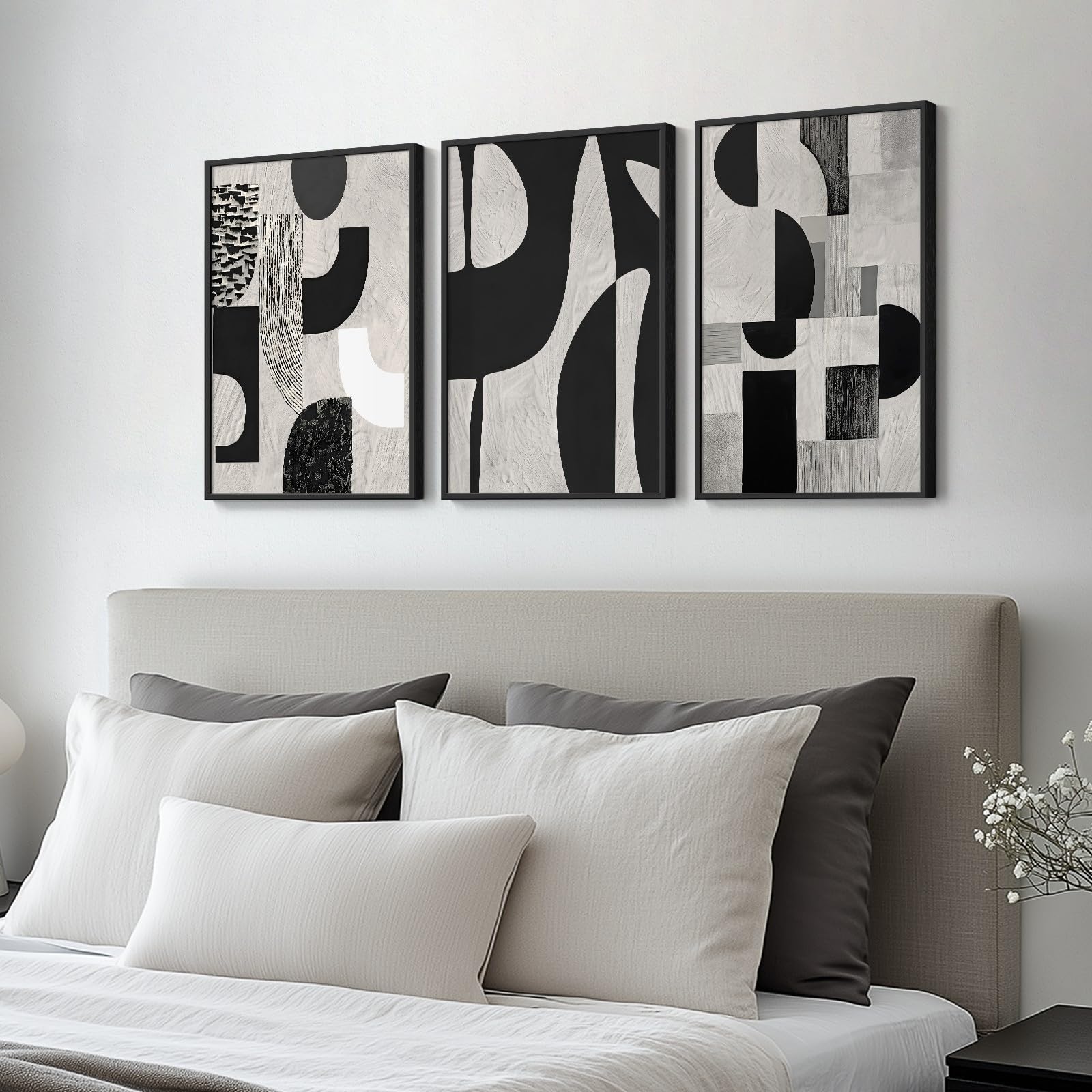 Framed Black And White Abstract Wall Art, Black Boho Wall Decor For Living Room, 3 Piece Modern Minimalist Geometric Canvas Art