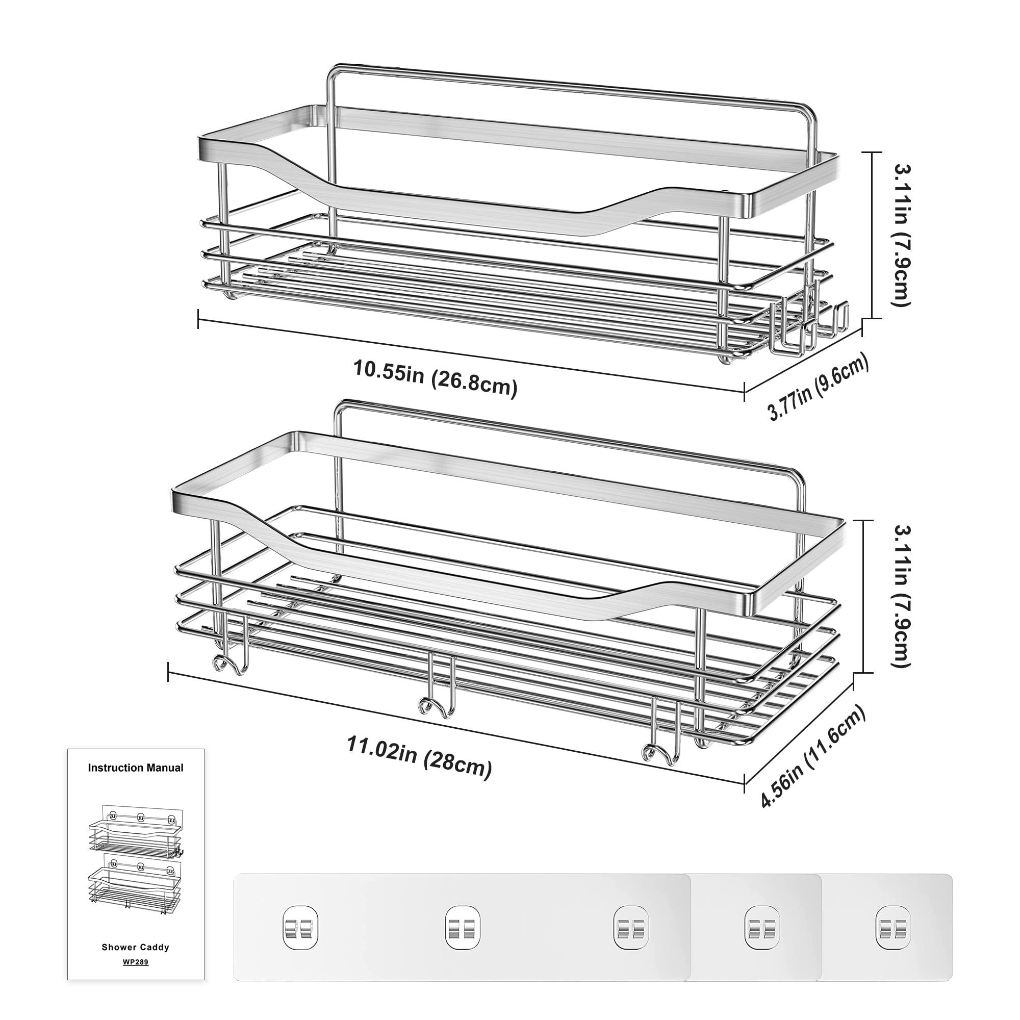 Orimade Shower Caddy Basket Shelf Storage Rack Pack Of 2, No Drilling Wall Mounted Adhesive Rust Proof Stainless Steel Shower Or