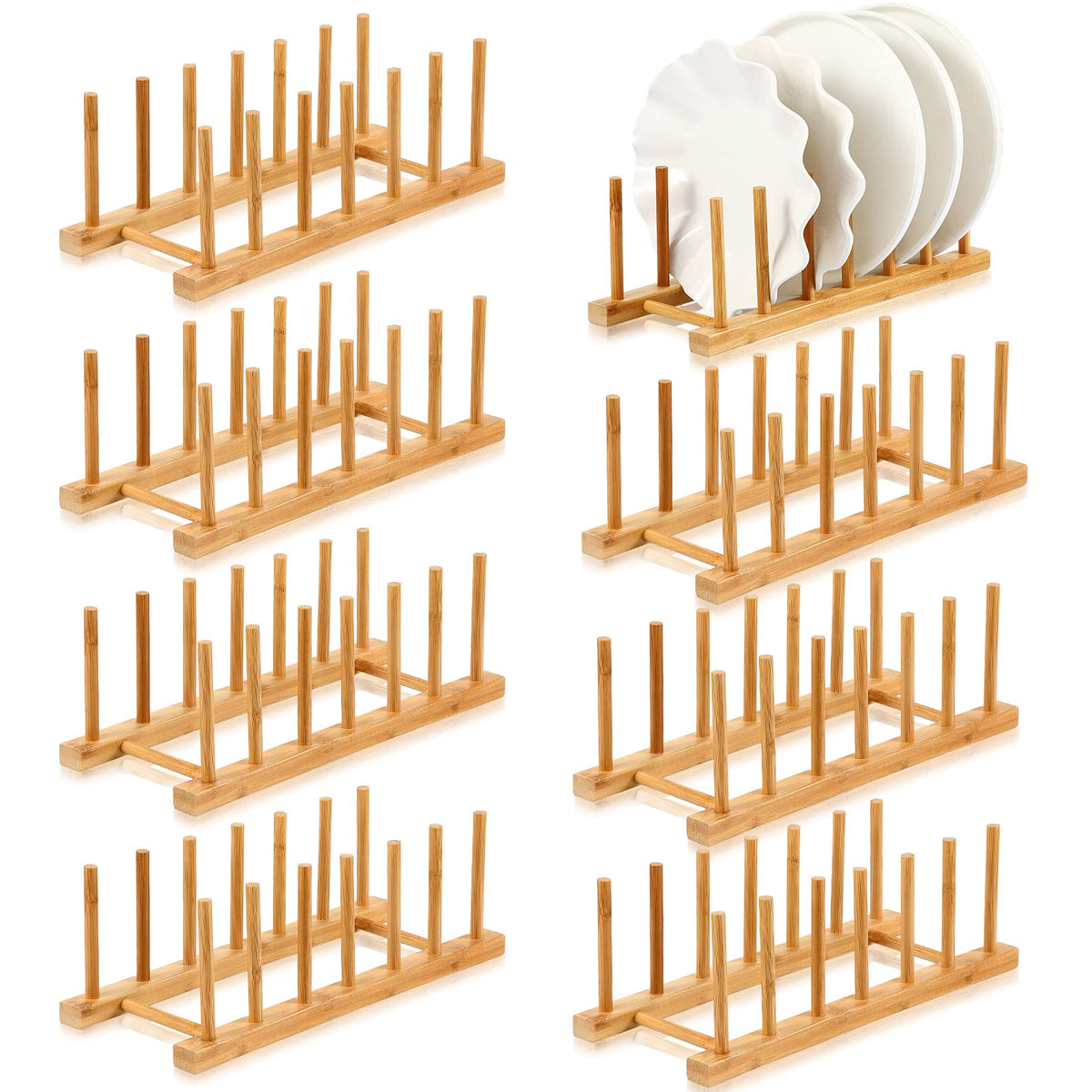 Yinkin 8 Pcs Bamboo Wooden Plate Rack Dish Drying Rack Wood Pot Lid Holder Stand Kitchen Cabinet Organizer For Bowl Cup Cutting