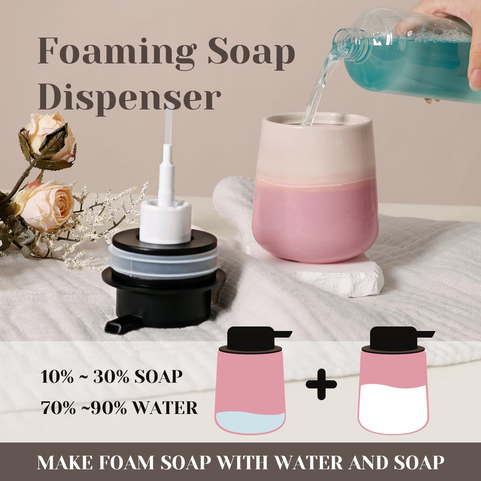 Ingofin Ceramic Foaming Soap Dispenser - 12Oz Foam Hand Soap Dispenser Bathroom, Ceramic Dish Soap Modern Dish Soap Dispenser Wi