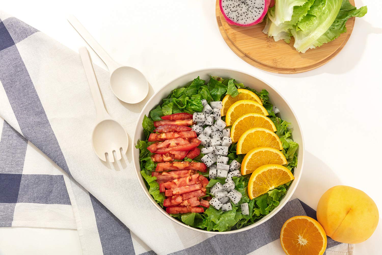 Gehe Bamboo Salad Bowl With Servers Set - Large 9.8 Inches Mixing Bowls Solid Bamboo Salad Wooden Bowl With Bamboo Lid Spoon For