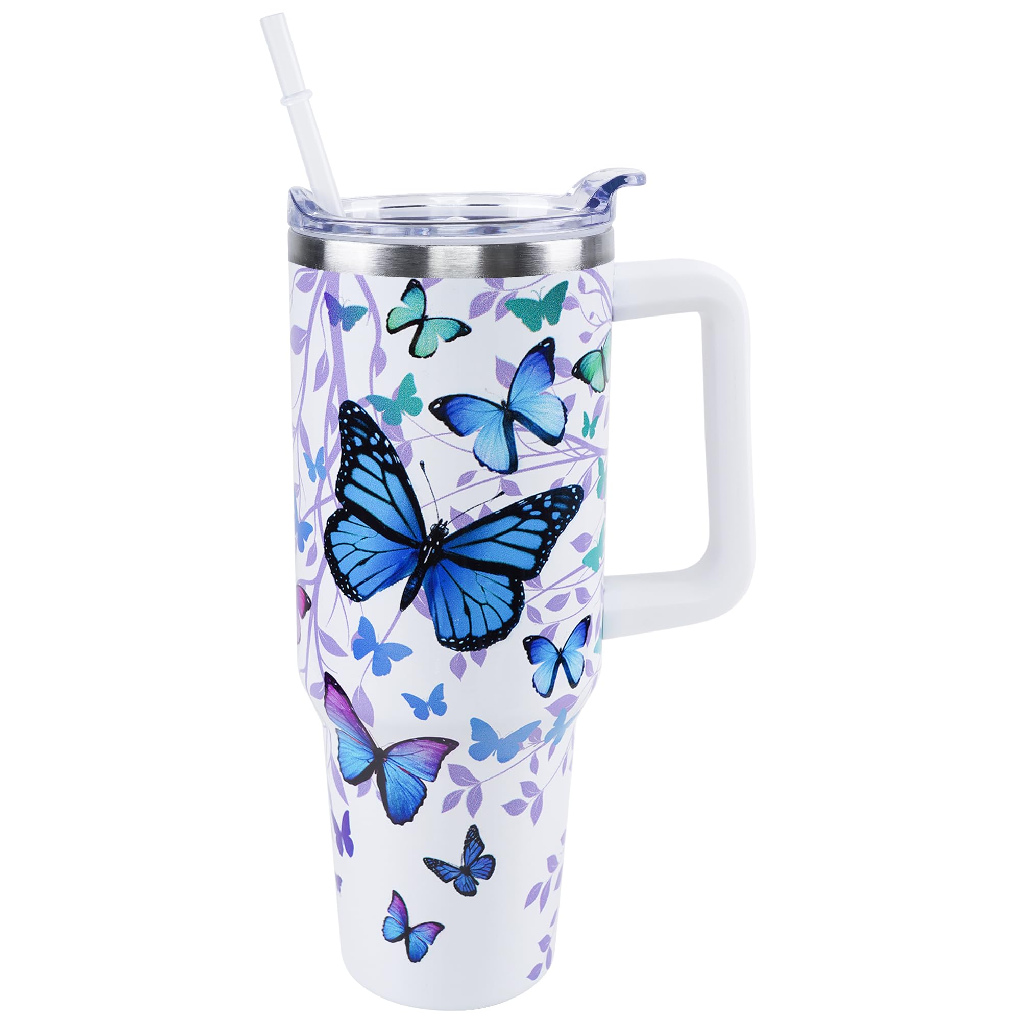 PERRIFIC Butterfly Tumbler 40 oz Tumbler with Handle Straw Lid Leak Proof