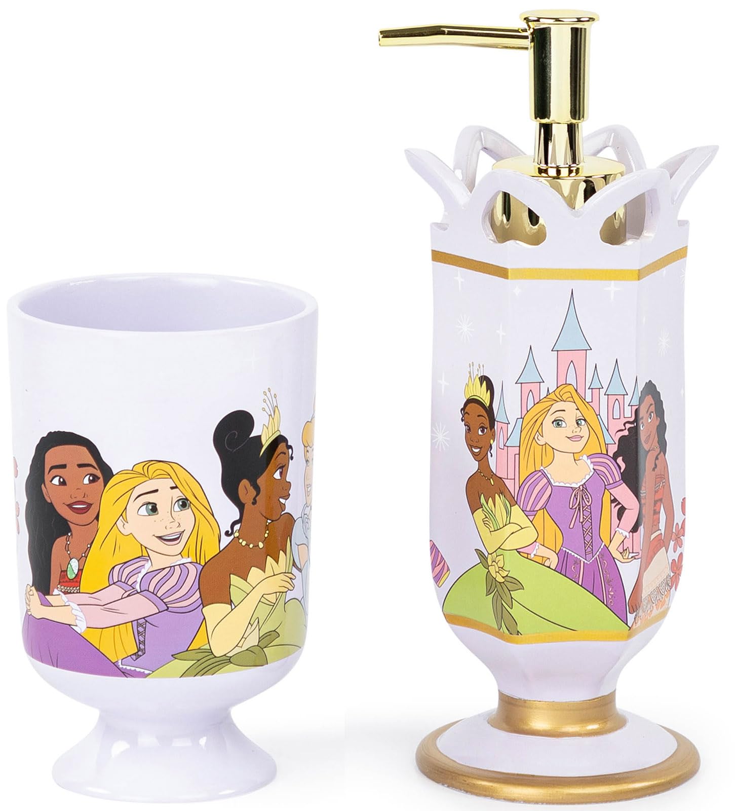 Disney Princess 2 Piece Bathroom Set - Purple Soap Dispenser & Tumbler Set - Kids Resin Bathroom Accessories Features Moana, Cin