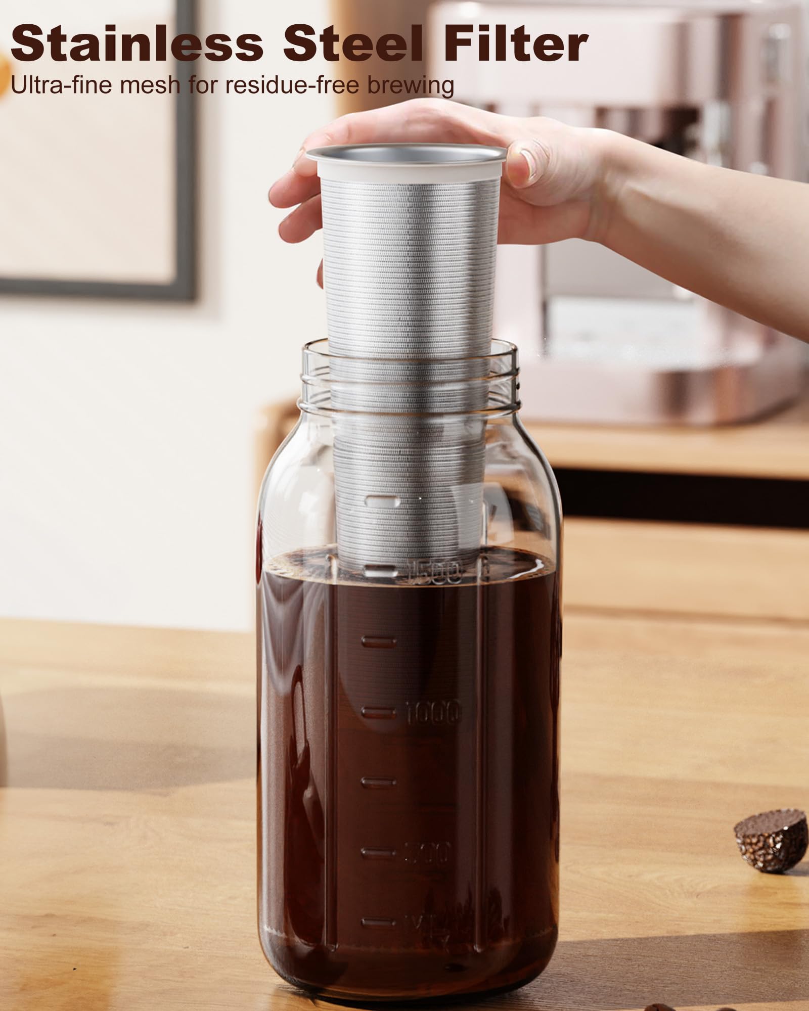 VA1KENE Cold Brew Coffee Maker 64oz with Stainless Steel Filter, Black, Model zm-234