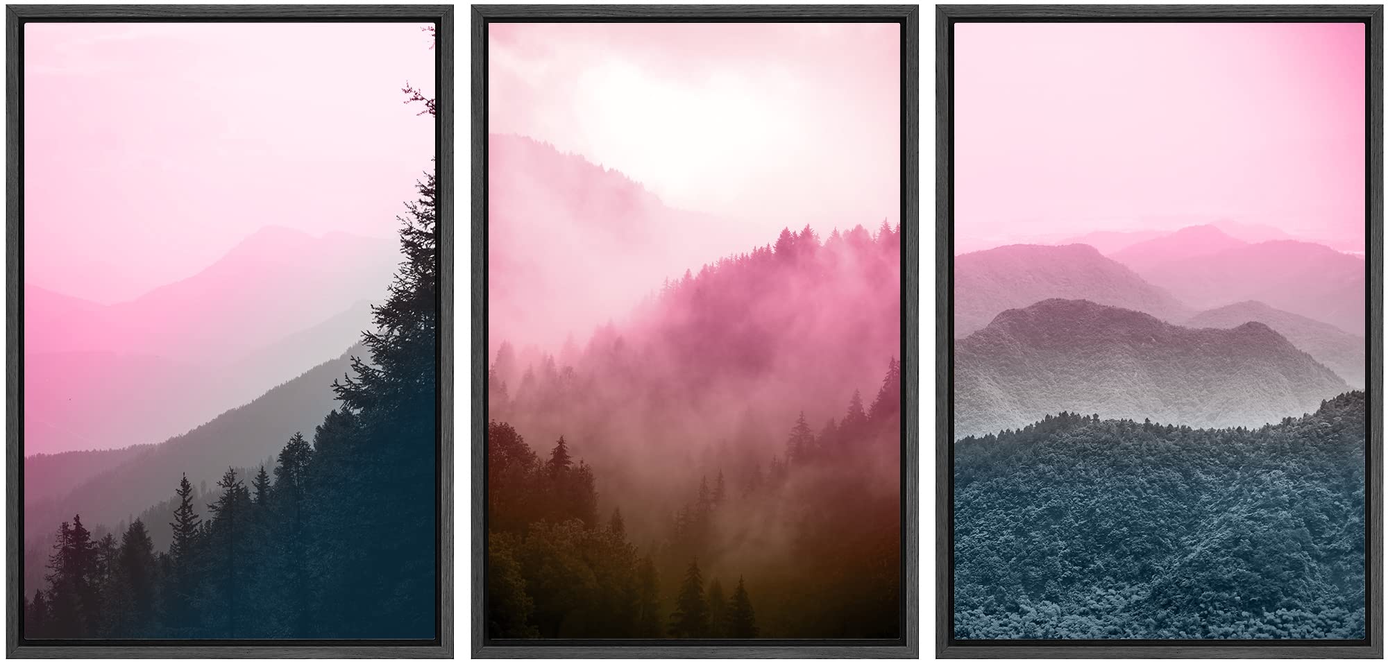 Signwin Framed Canvas Print Wall Art Set Duotone Neon Pink Teal Mountain Forest Nature Wilderness Photography Modern Art Rustic