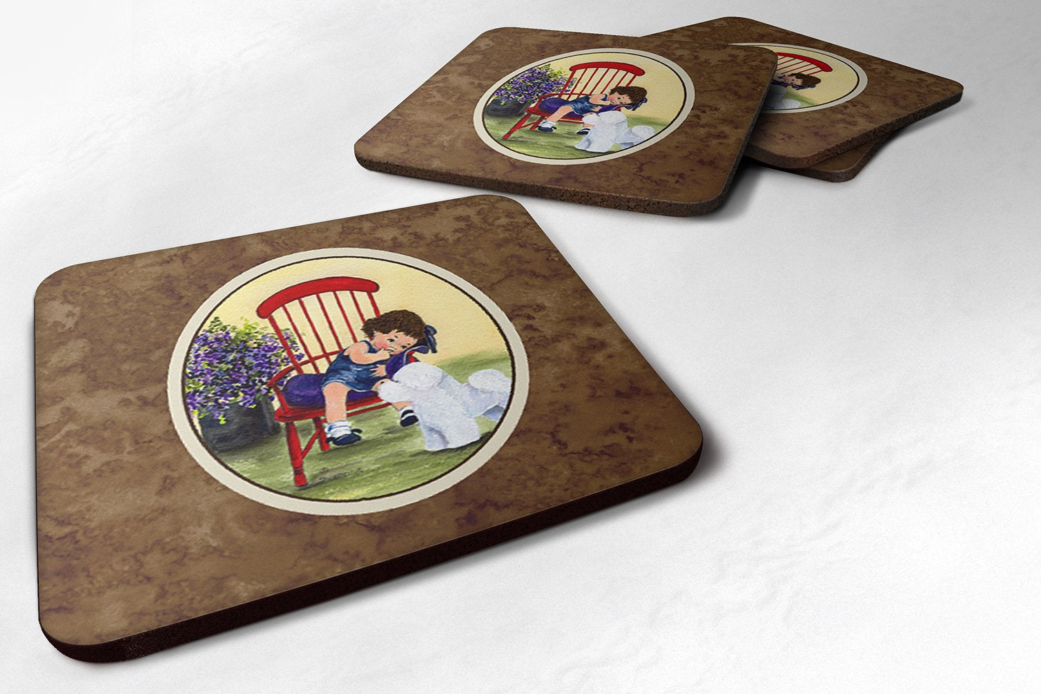 Carolines Treasures Little Girl with Her Bichon Frise Foam Coasters (Set of 4), 3.5 H x 3.5 W, Multicolor