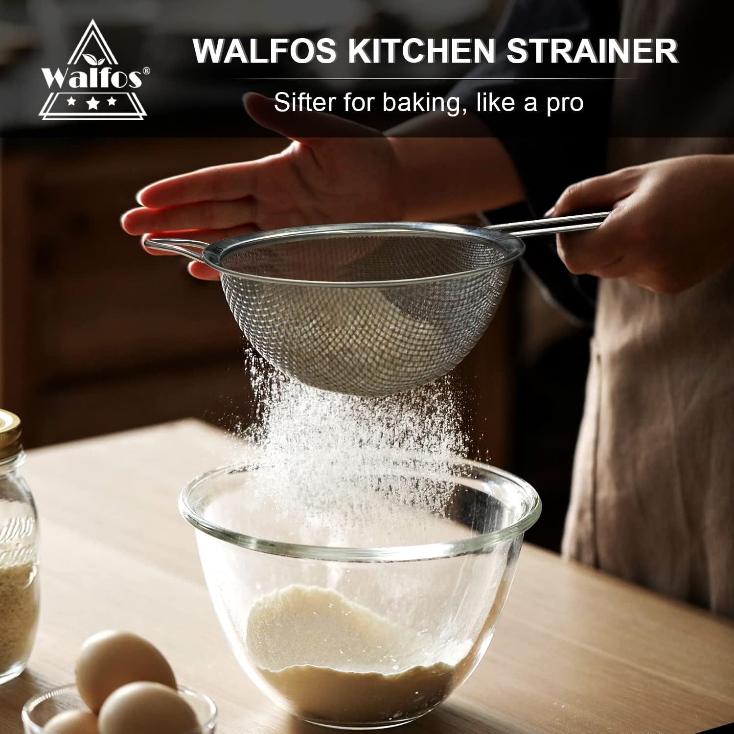 Walfos Fine Mesh Strainer Set Of 3, Stainless Steel Wire Strainers For Kitchen, Multipurpose Metal Fine Sieve With Handle, Perfe
