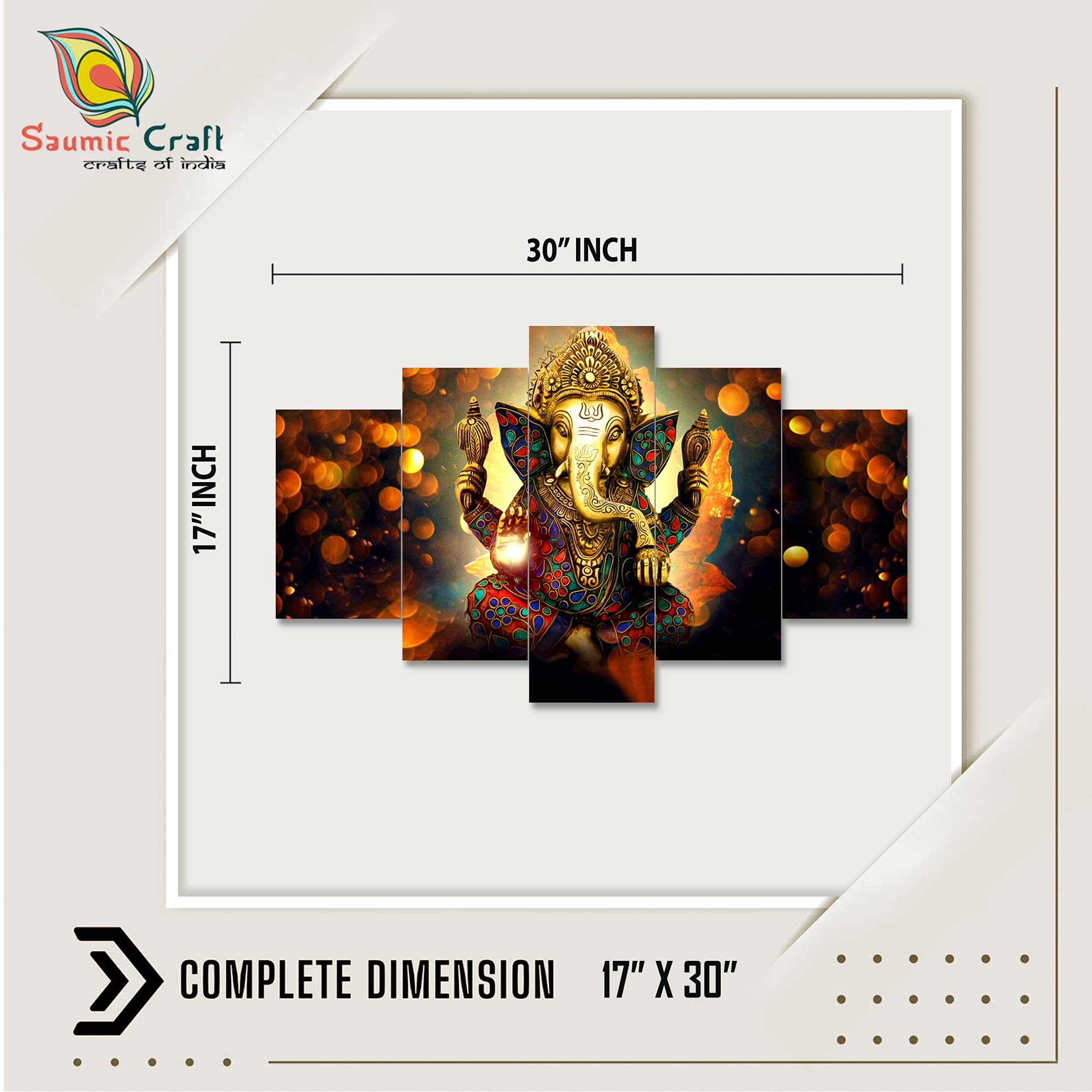 Saumic Craft Set Of 5 Ganesh Ganesha 3D Framed Uv Coated Painting for Wall Decoration for Home Decor Decortations And Gifting Wi