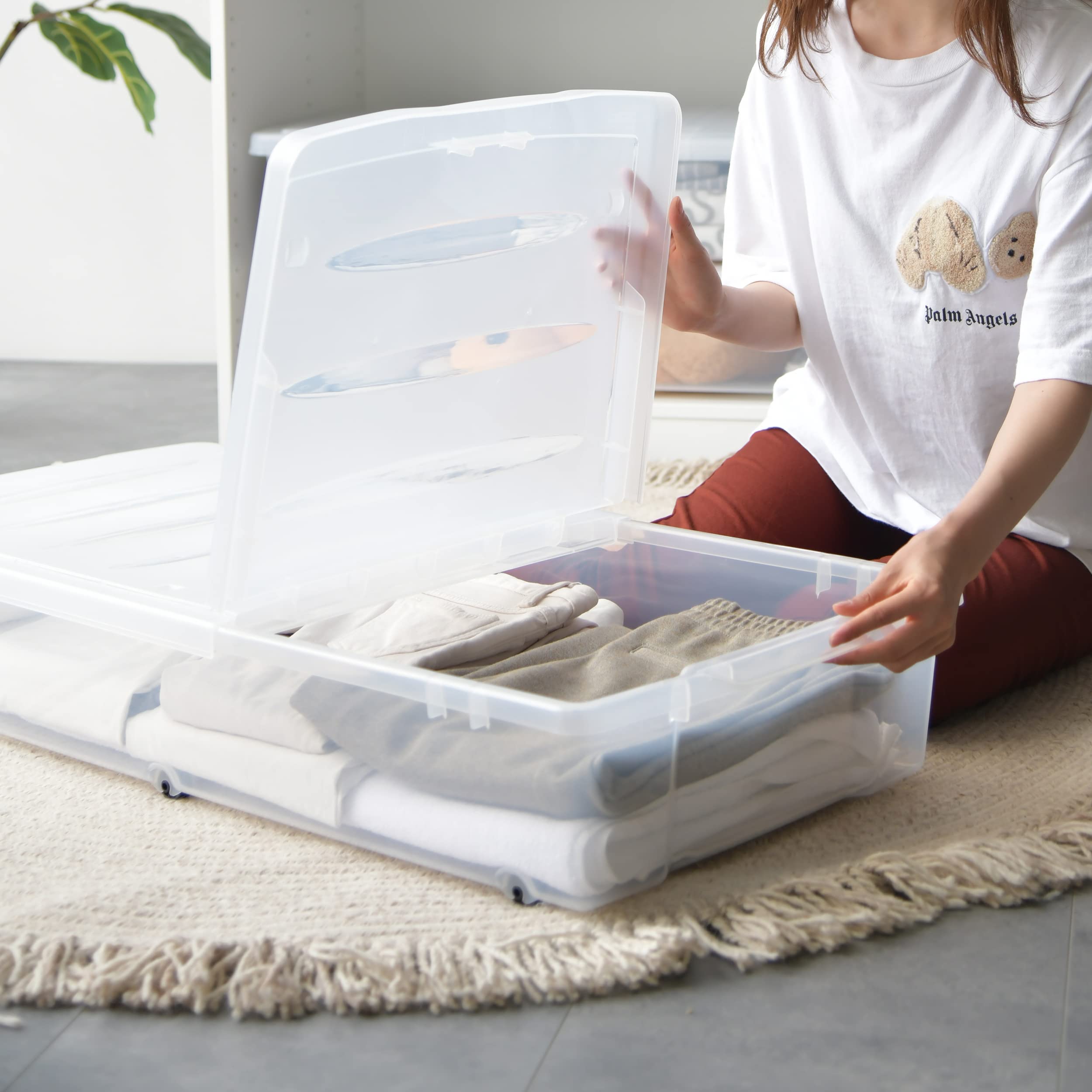 Citylife 57 QT Plastic Under Bed Storage Bins with Double-opening Lids Clear Underbed Storage Containers with Wheels for Organiz