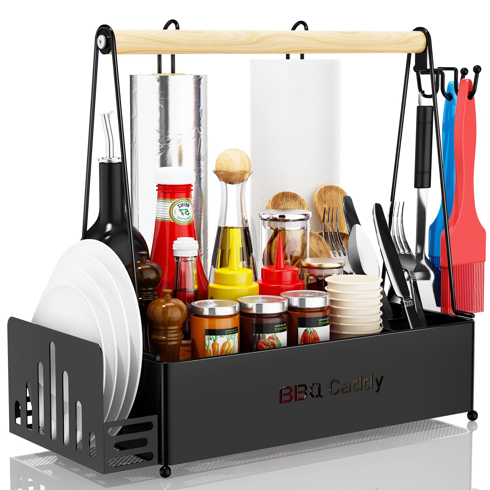 Grill Caddy For Outdoor Grill With 2 Paper Towel Holder, Wood Handle & 3 Hooks, Camper Accessories, Condiment Caddy, Plates, Cut