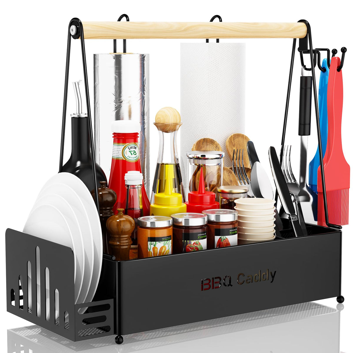 Grill Caddy For Outdoor Grill With 2 Paper Towel Holder, Wood Handle & 3 Hooks, Camper Accessories, Condiment Caddy, Plates, Cut