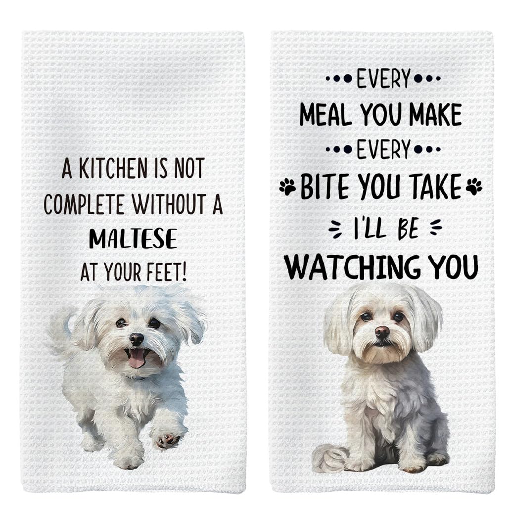 Tzhim Maltese Kitchen Towels Set of 2, Maltese Lovers Gifts, Dog Decorative Hand Towels, Dog Dishcloths Dish Towel Tea Towel for